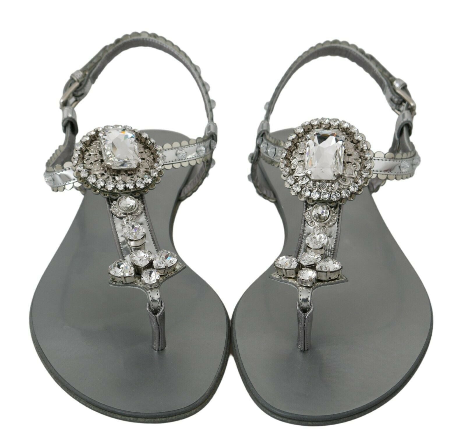 Dolce & Gabbana Silver Crystal Sandals Flip Flops Women's Shoes