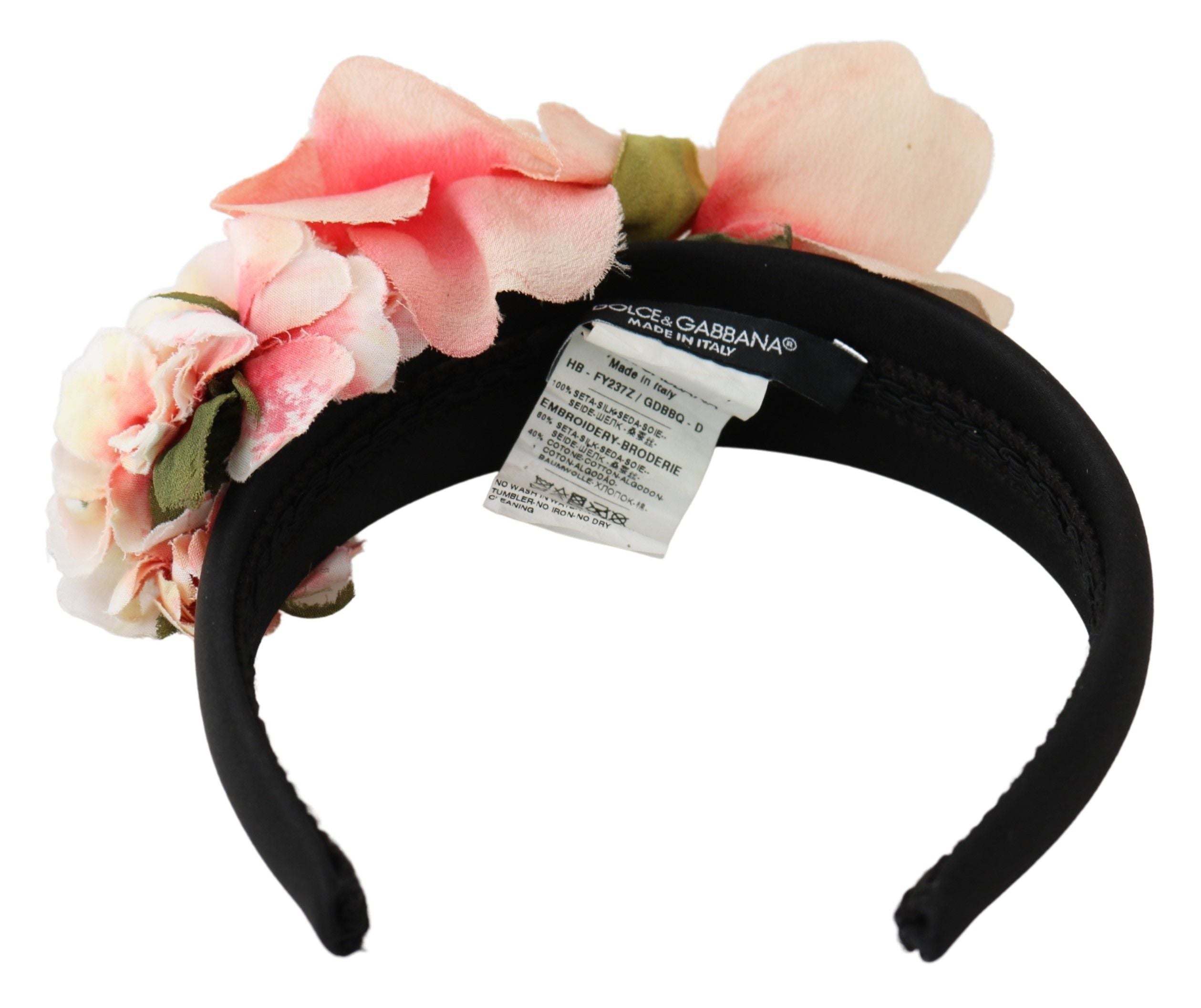 Dolce & Gabbana Pink Silk Black Floral Headband Logo Women's Diadem