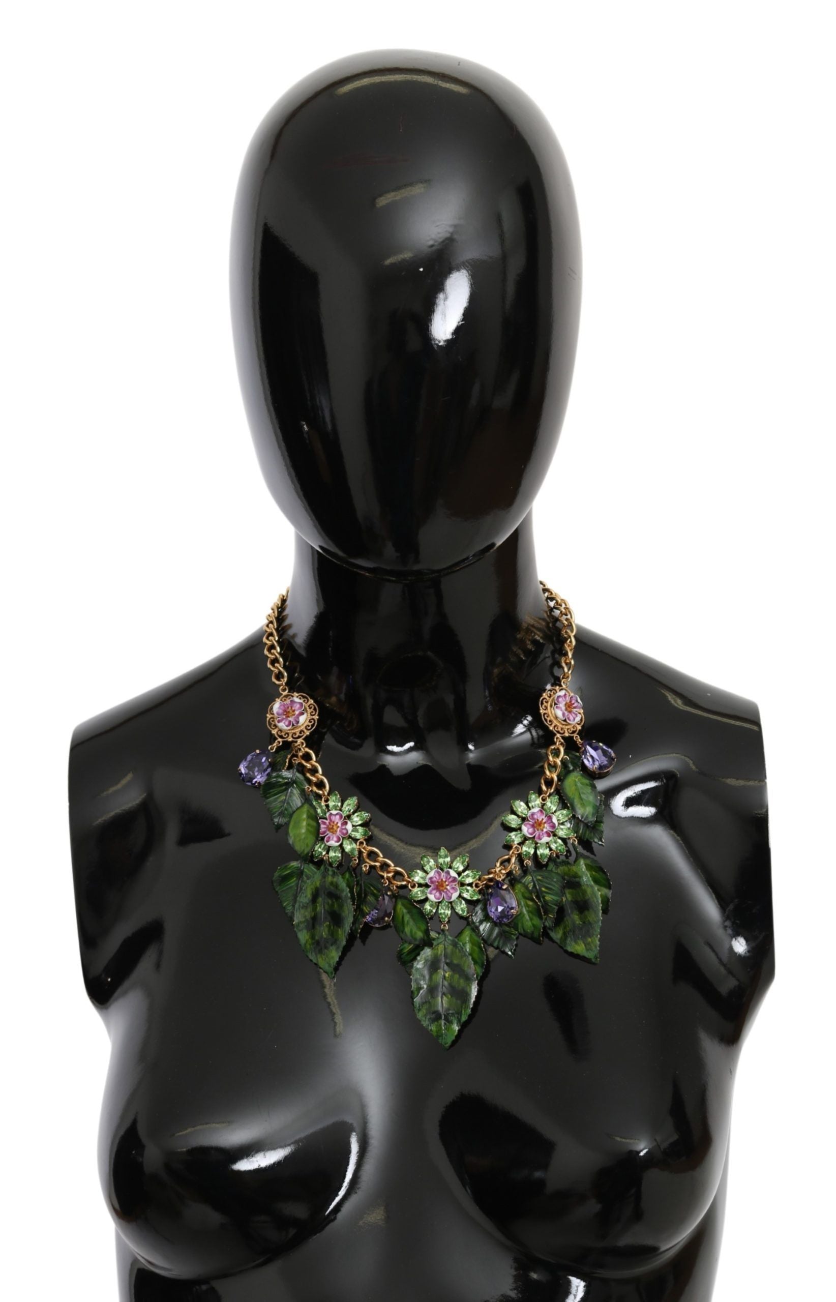 Dolce & Gabbana Green Leaves Gold Brass Crystal Flower Pendant Women's Necklace