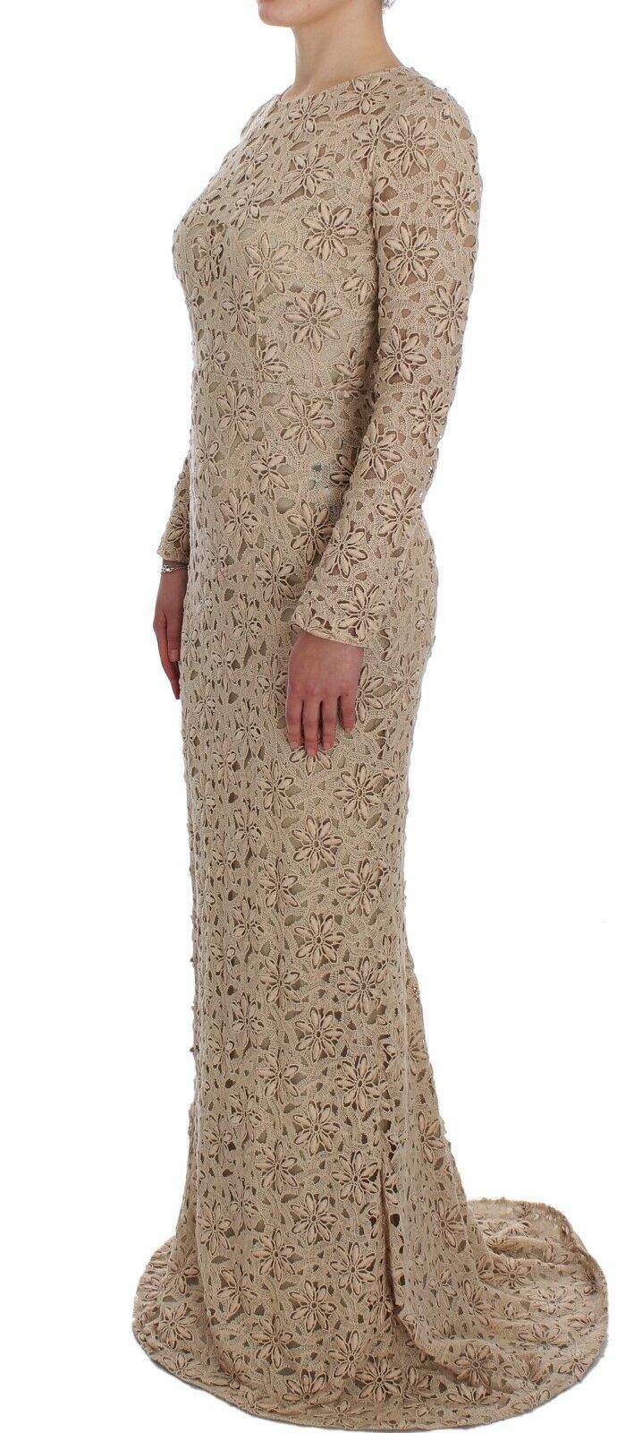 Dolce & Gabbana Beige Floral Lace Long Sleeve Maxi Women's Dress