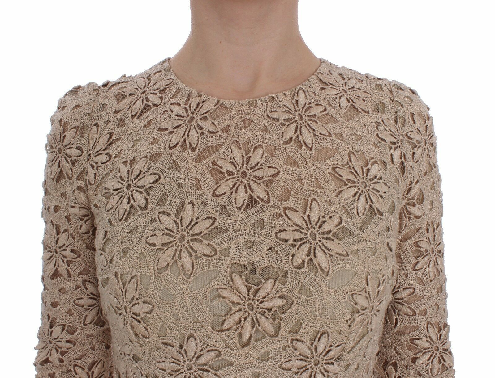 Dolce & Gabbana Beige Floral Lace Long Sleeve Maxi Women's Dress