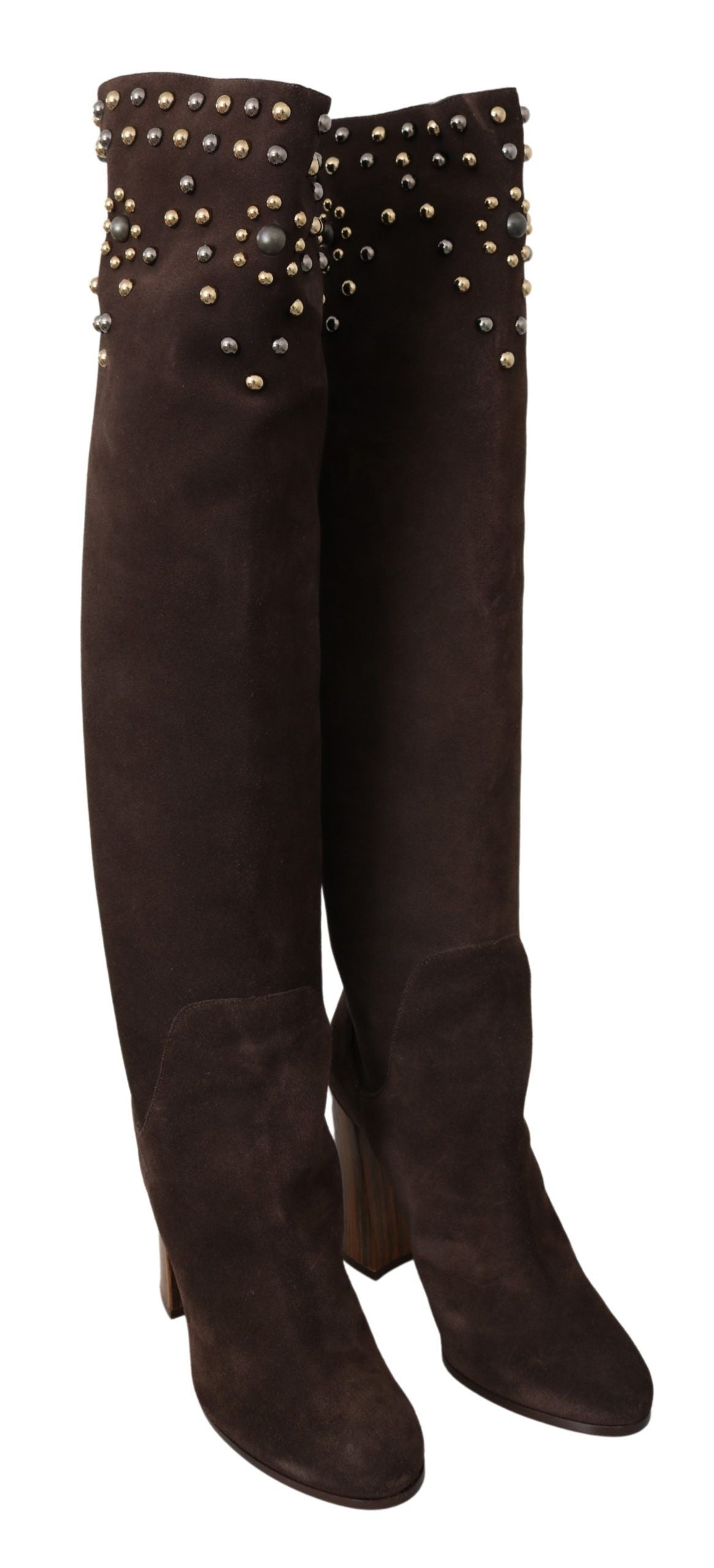 Dolce & Gabbana Brown Suede Studded Knee High Shoes Women's Boots
