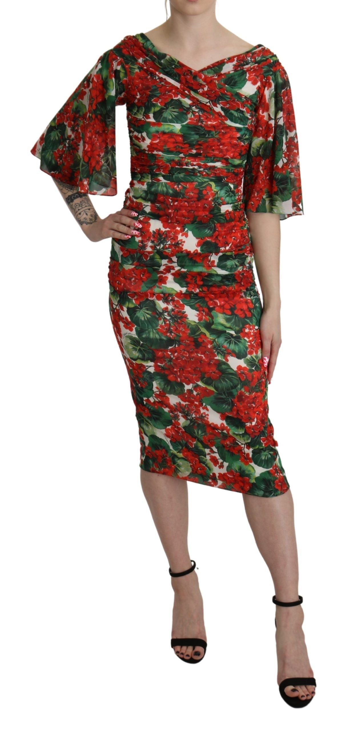 Dolce & Gabbana Red Floral Sheath Midi Silk Stretch Women's Dress