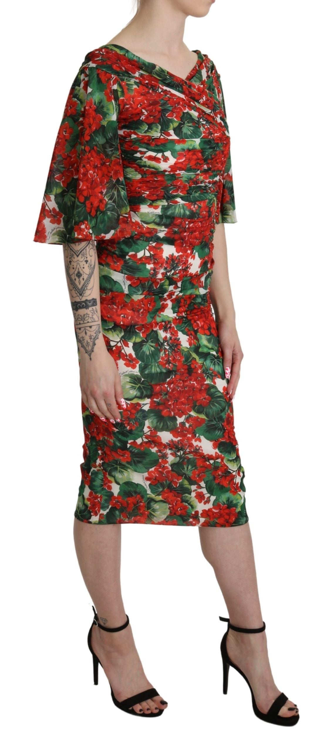 Dolce & Gabbana Red Floral Sheath Midi Silk Stretch Women's Dress