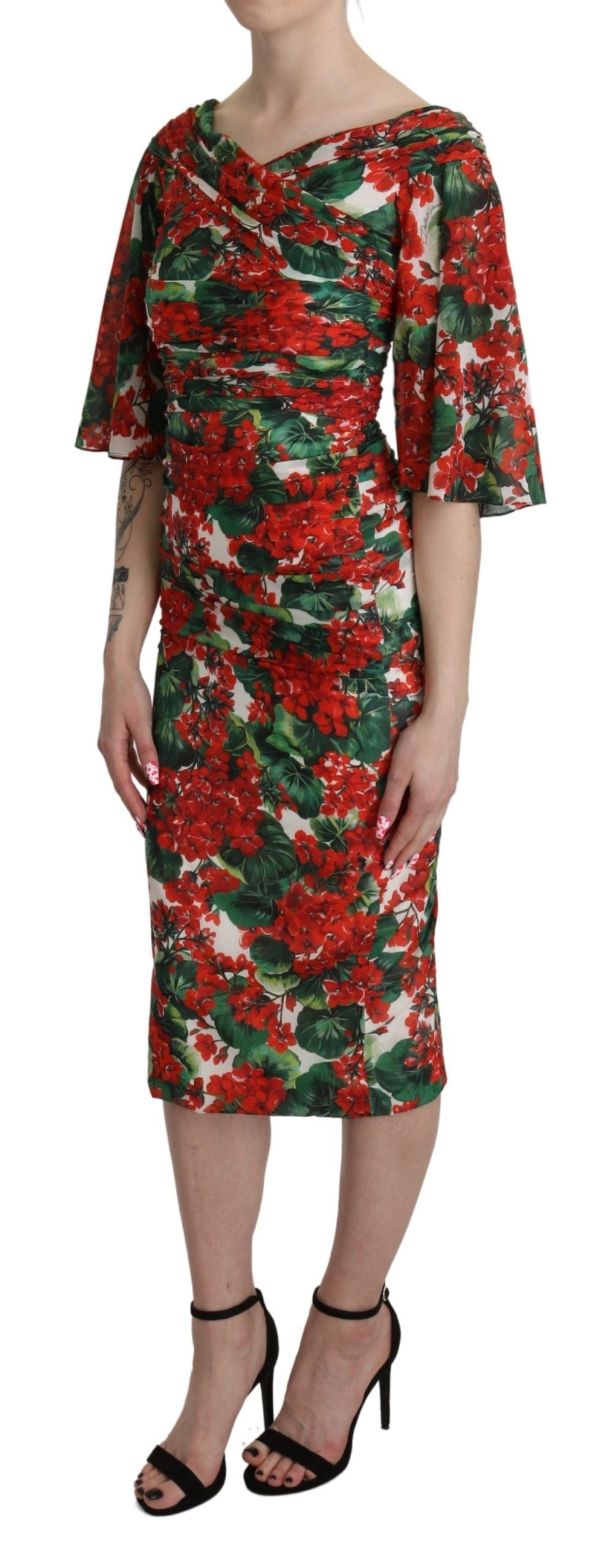 Dolce & Gabbana Red Floral Sheath Midi Silk Stretch Women's Dress