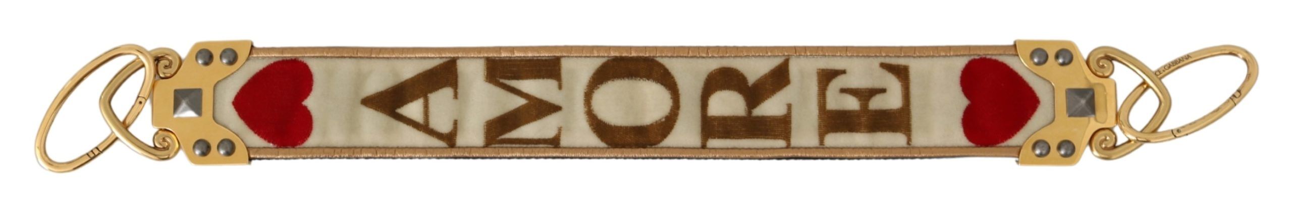 Dolce & Gabbana Gold White Textile Leather AMORE Shoulder Women's Strap