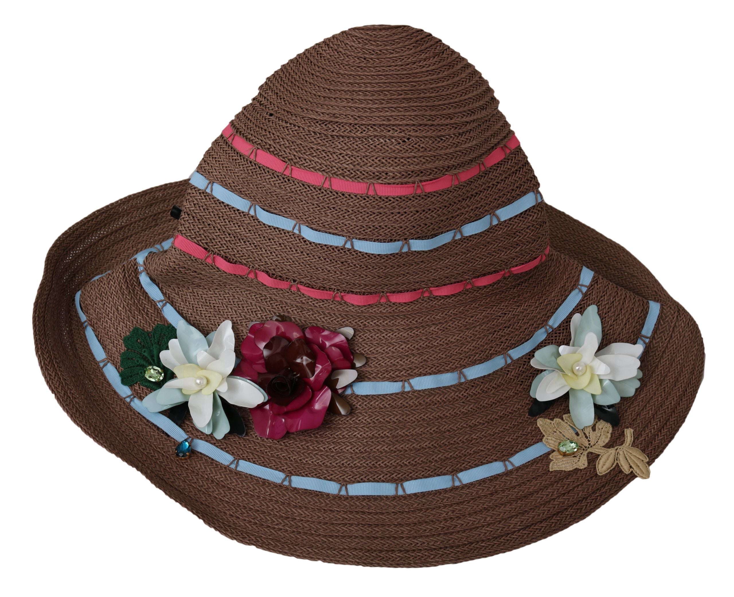Dolce & Gabbana Brown Floral Wide Brim Straw Floppy Cap Women's Hat