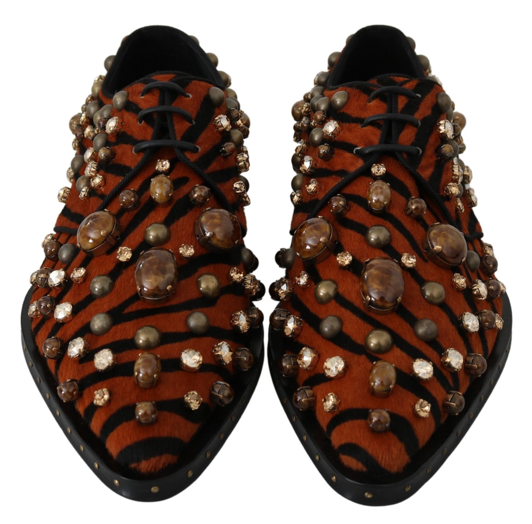 Dolce & Gabbana Orange Pony Hair Crystal Dress Broque Women's Shoes