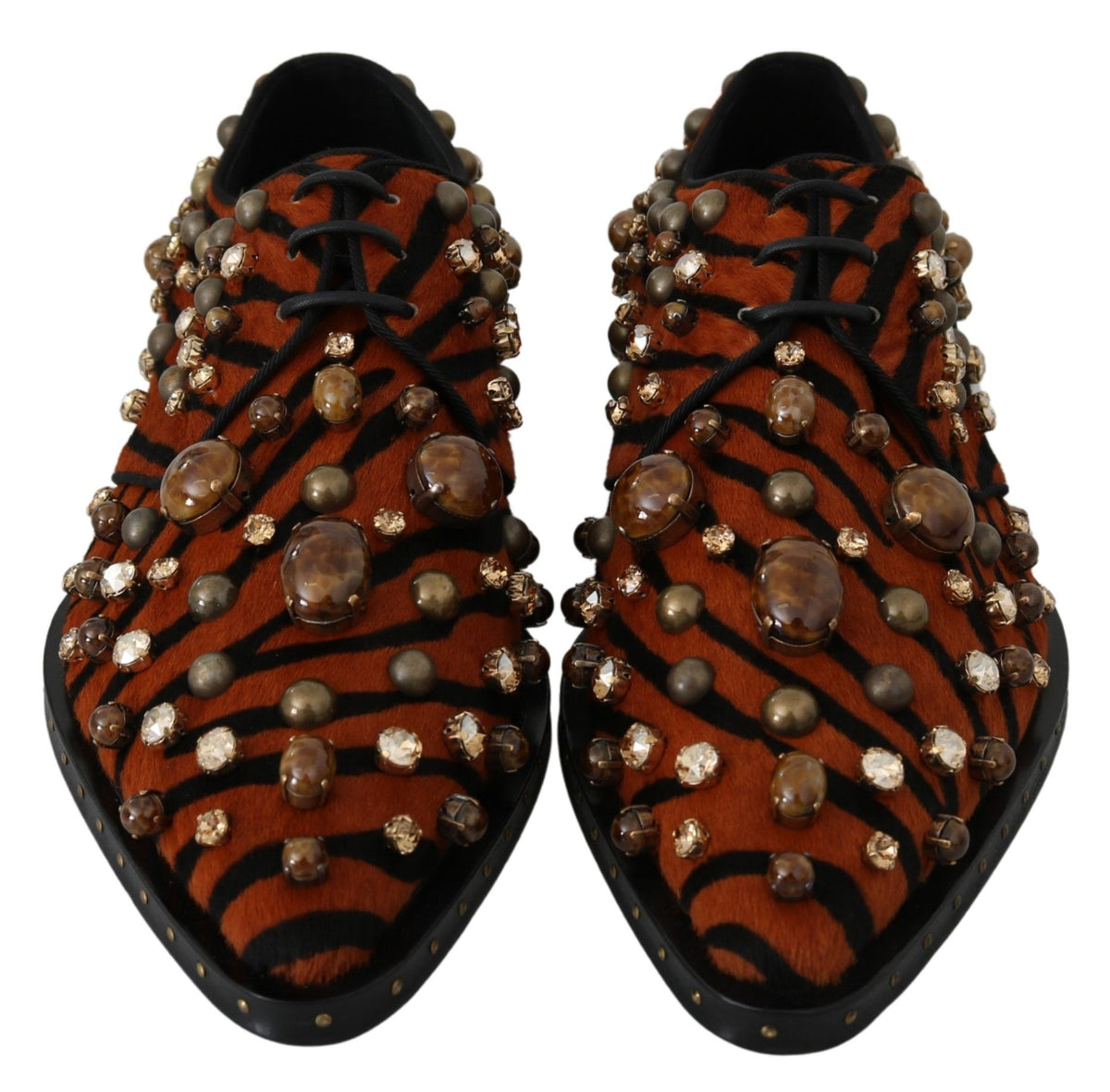 Dolce & Gabbana Orange Pony Hair Crystal Dress Broque Women's Shoes