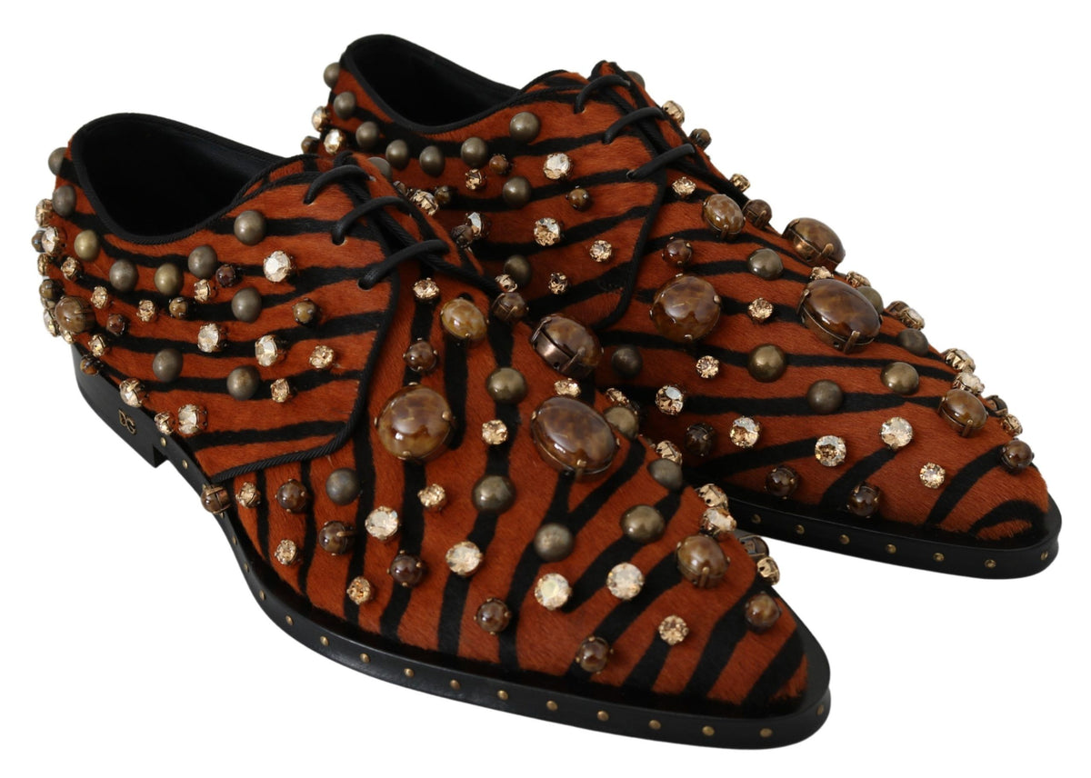 Dolce & Gabbana Orange Pony Hair Crystal Dress Broque Women's Shoes