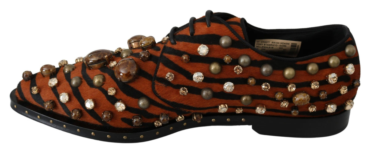 Dolce & Gabbana Orange Pony Hair Crystal Dress Broque Women's Shoes