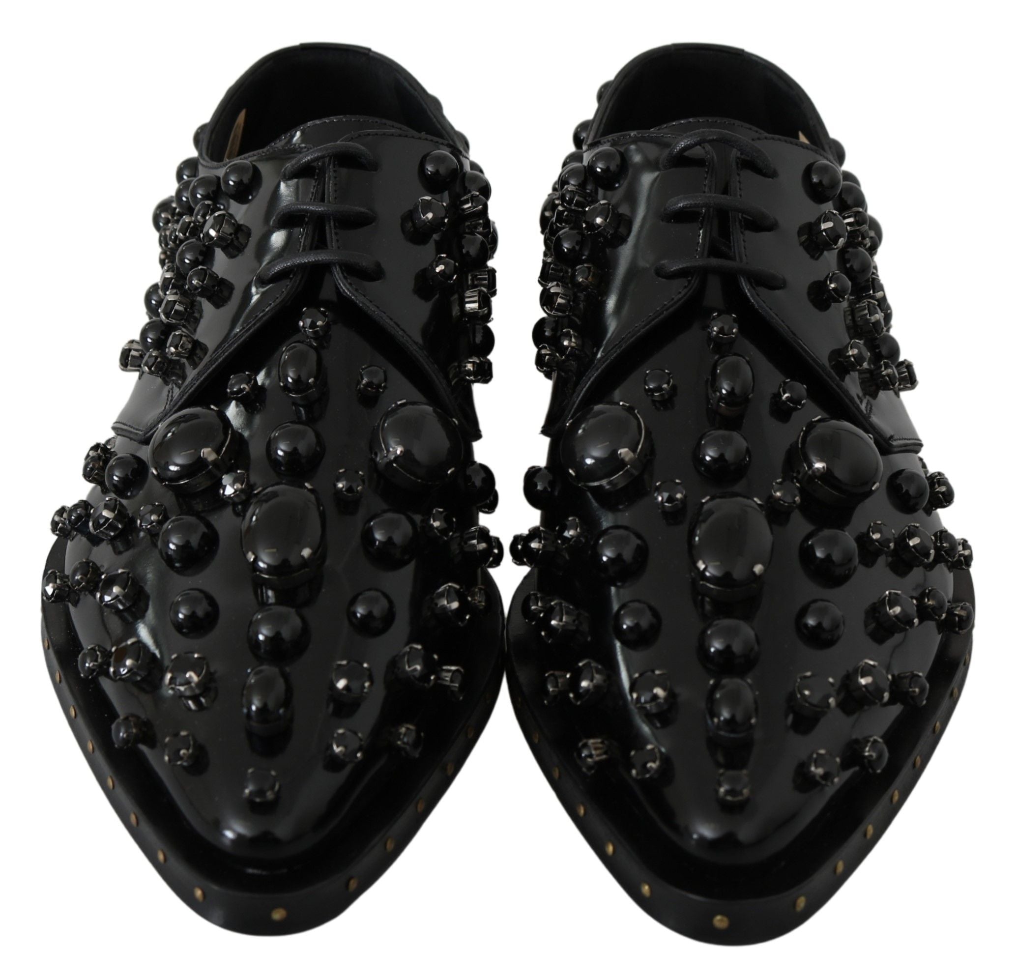 Dolce & Gabbana Black Leather Crystals Dress Broque Women's Shoes
