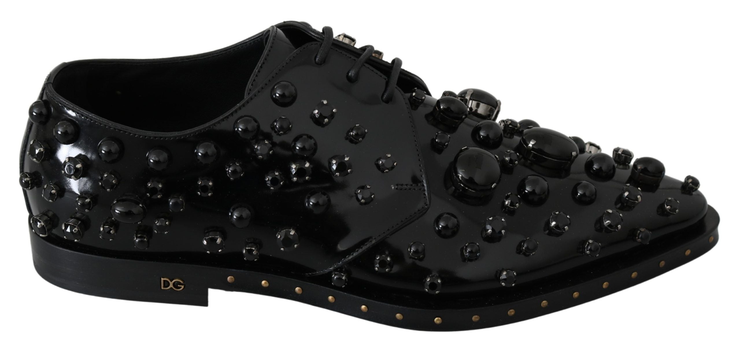Dolce & Gabbana Black Leather Crystals Dress Broque Women's Shoes