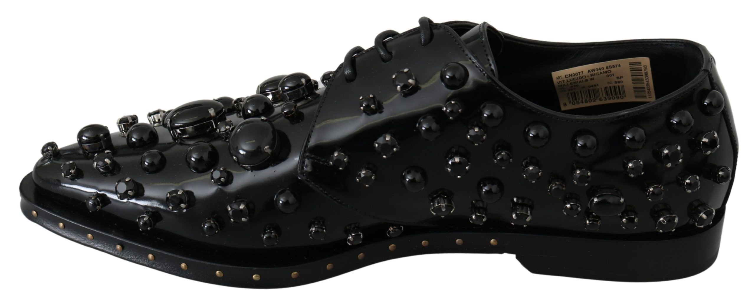 Dolce & Gabbana Black Leather Crystals Dress Broque Women's Shoes