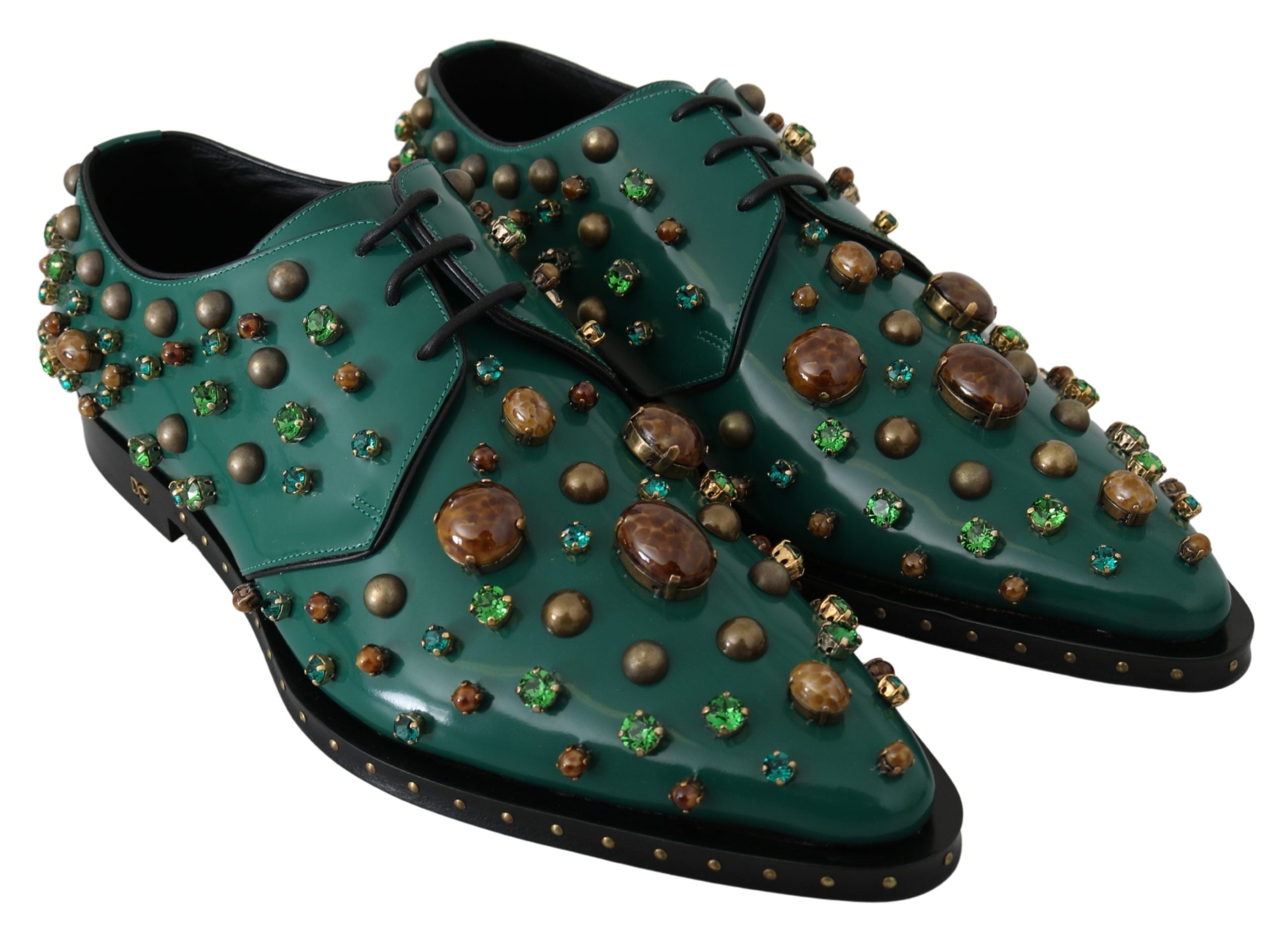 Dolce & Gabbana Green Leather Crystal Dress Broque Women's Shoes