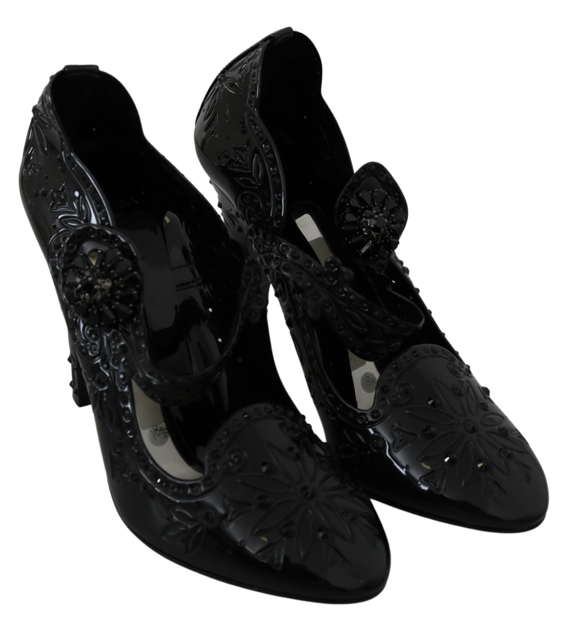 Dolce & Gabbana Black Floral Crystal CINDERELLA Heels Women's Shoes