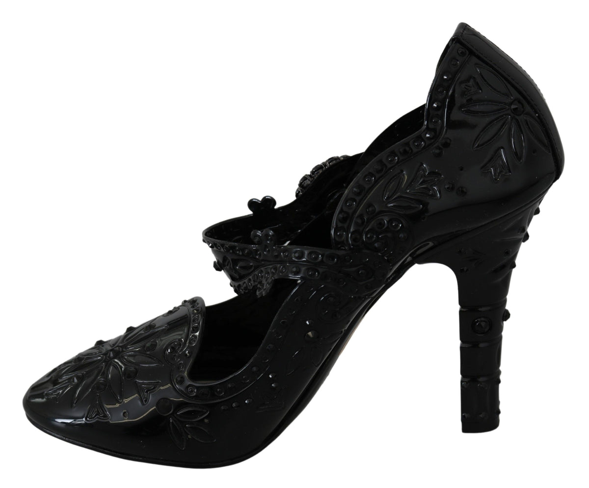 Dolce & Gabbana Black Floral Crystal CINDERELLA Heels Women's Shoes