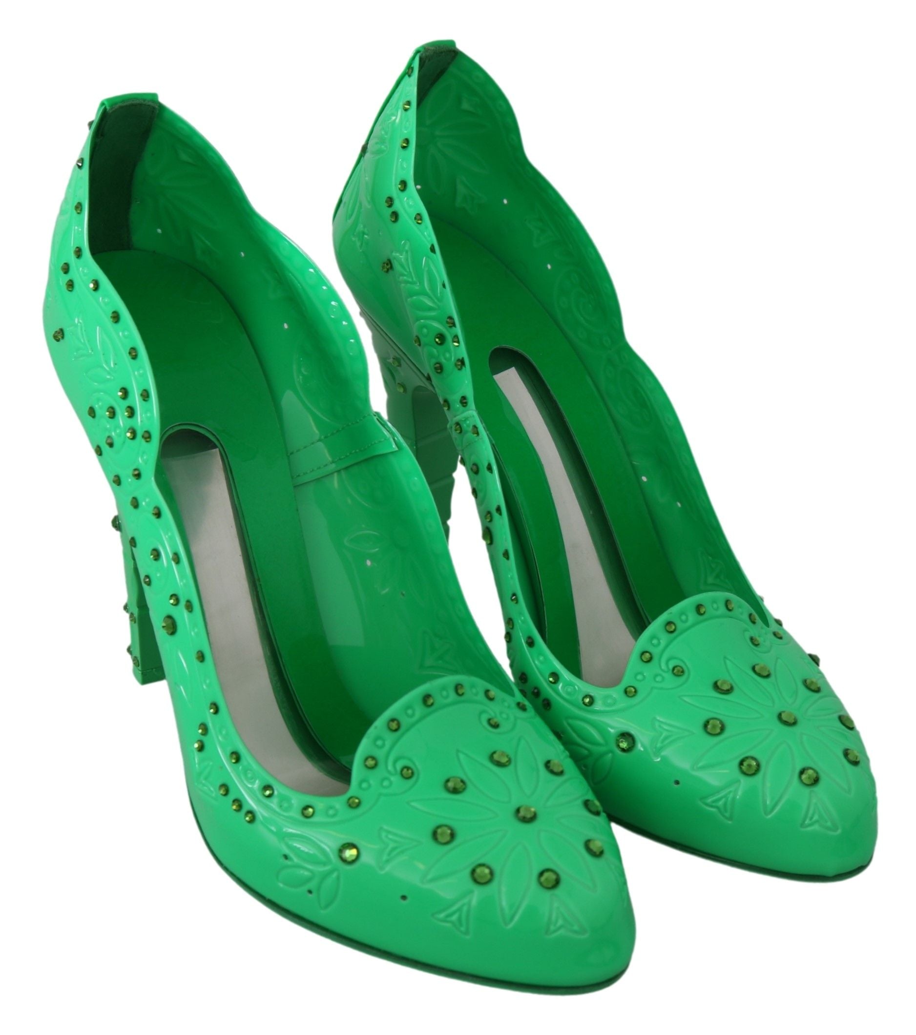 Dolce & Gabbana Green Crystal Floral CINDERELLA Heels Women's Shoes