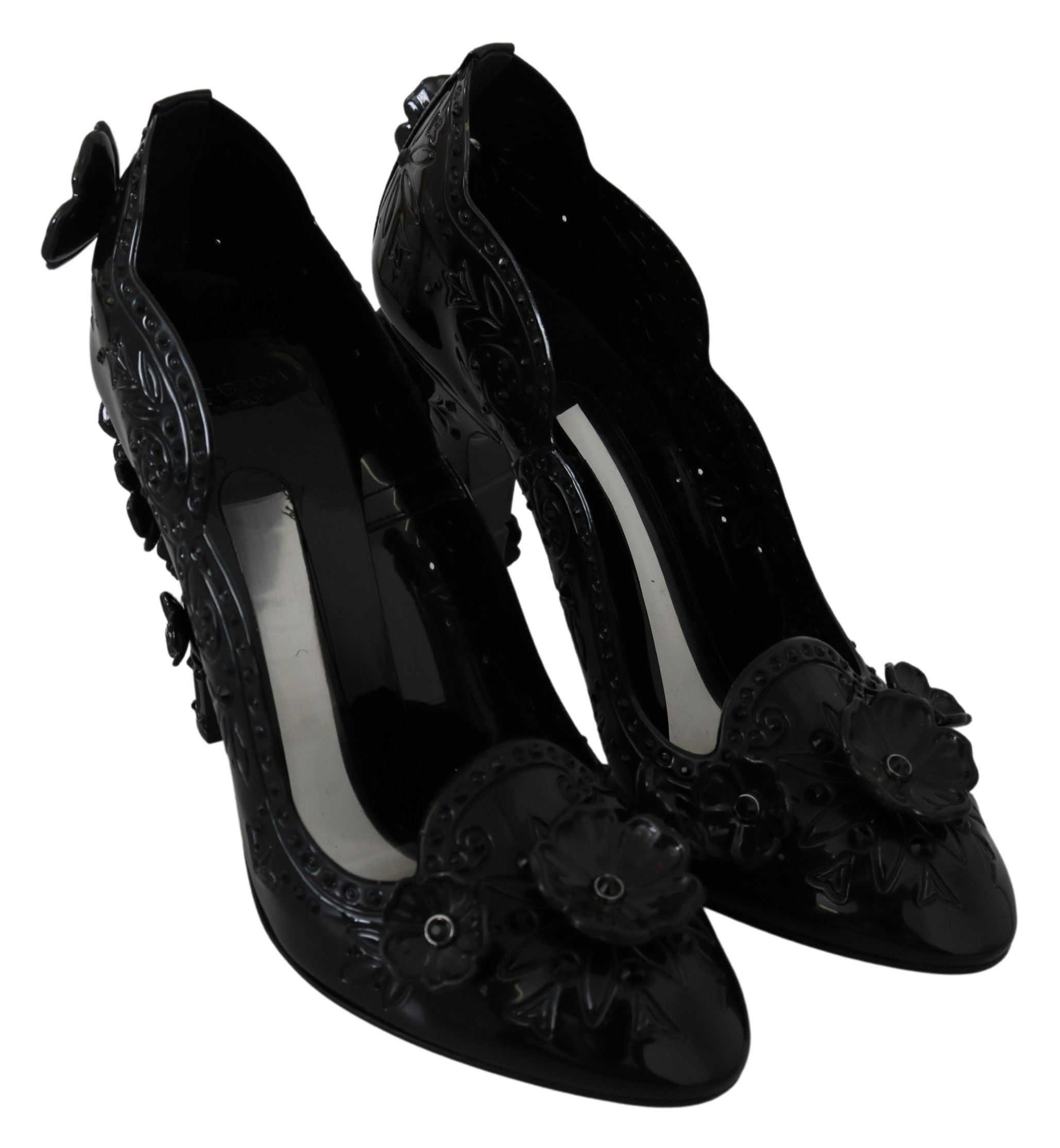 Dolce & Gabbana Black Floral Crystal CINDERELLA Heels Women's Shoes