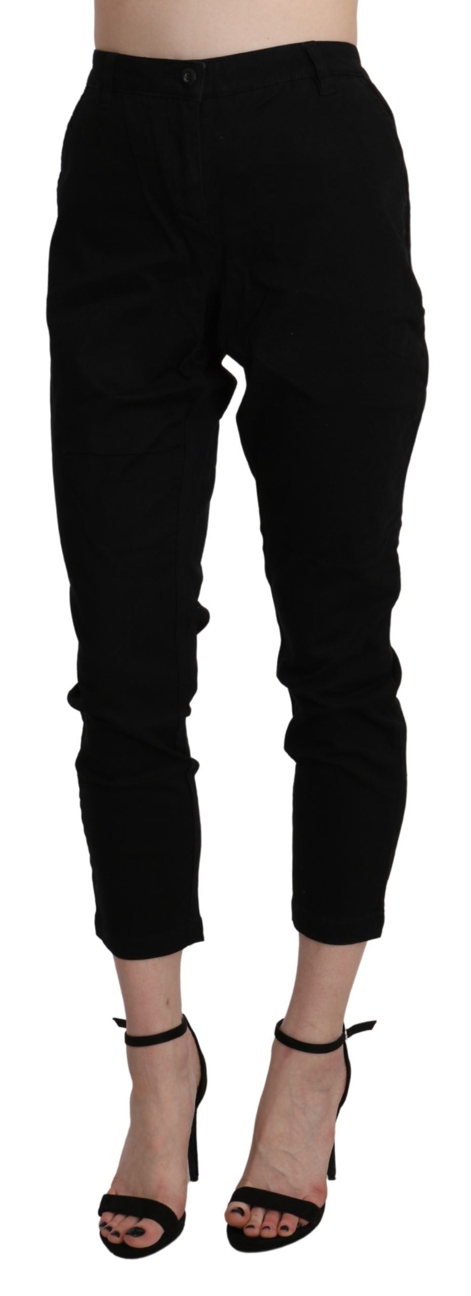 Acht Black High Waist Skinny Cropped Cotton Capri Women's Pant
