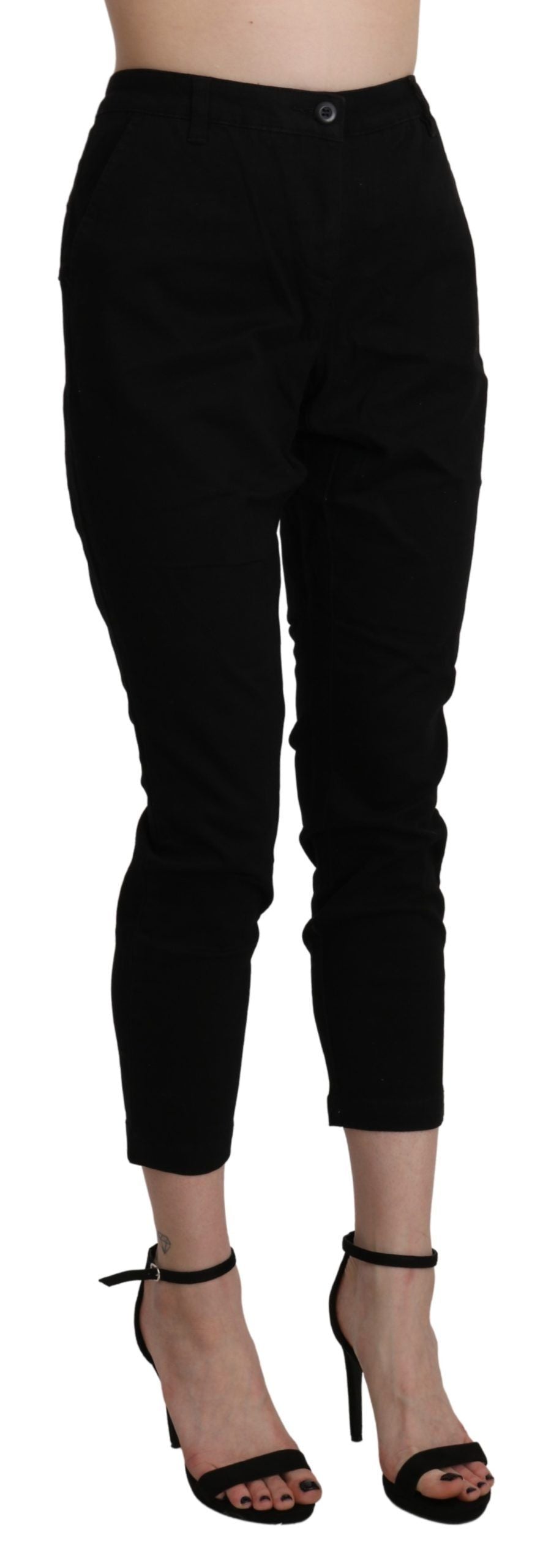 Acht Black High Waist Skinny Cropped Cotton Capri Women's Pant