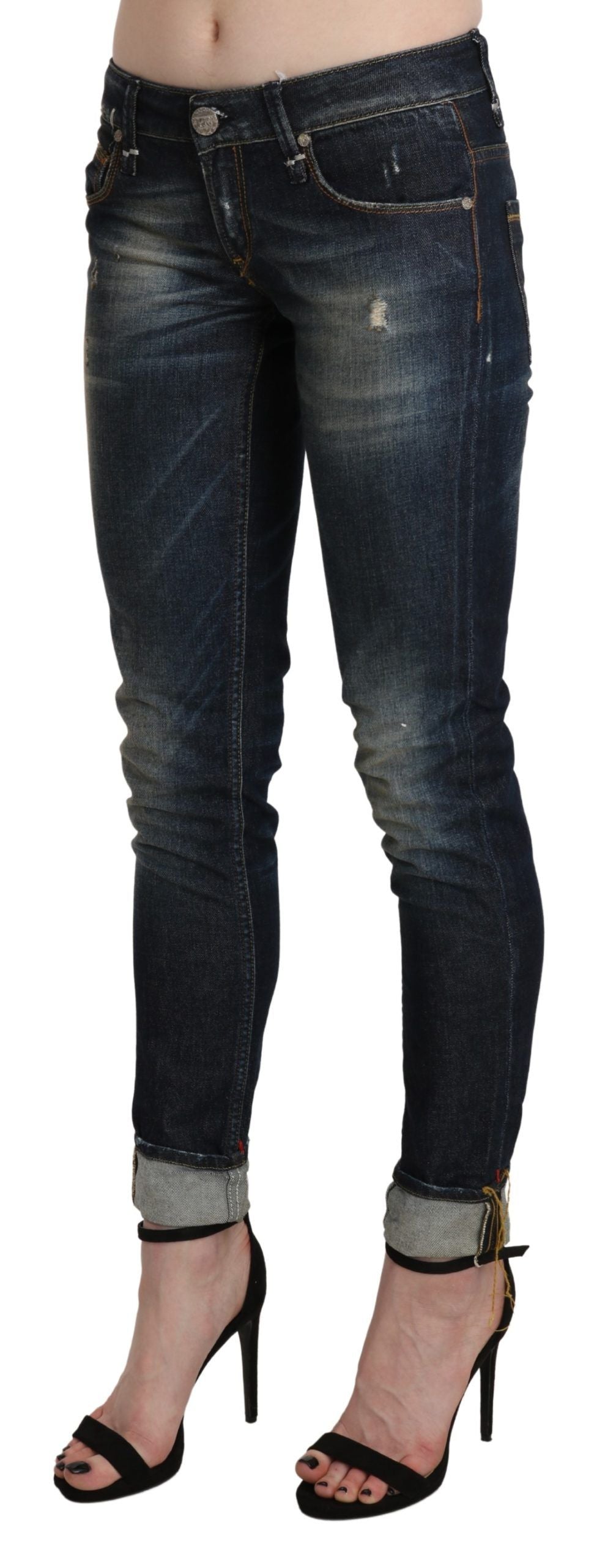 Acht Blue Washed Low Waist Skinny Cropped Denim Women's Pant