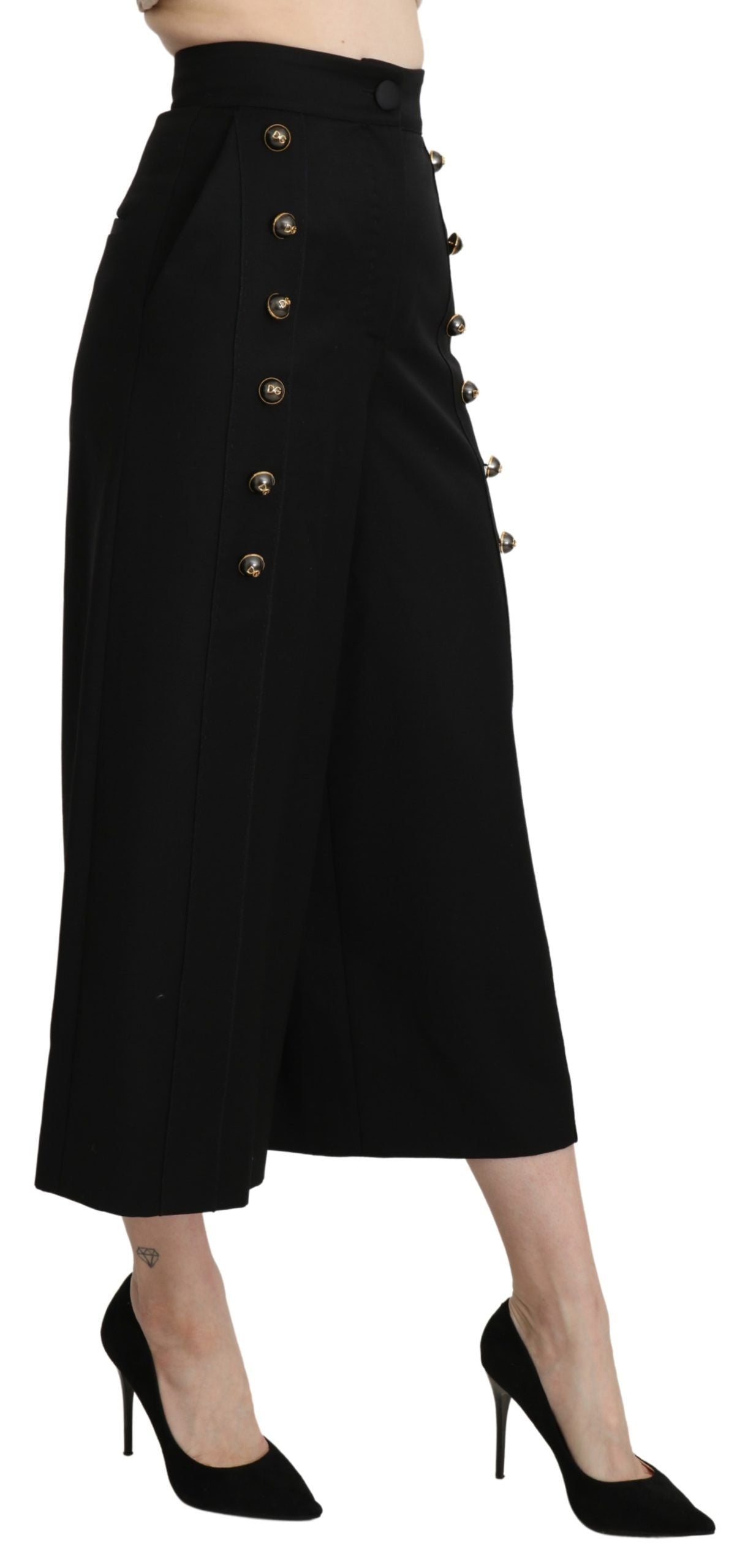 Dolce & Gabbana Black Wide Wool Leg Cropped Trouser Women's Pant