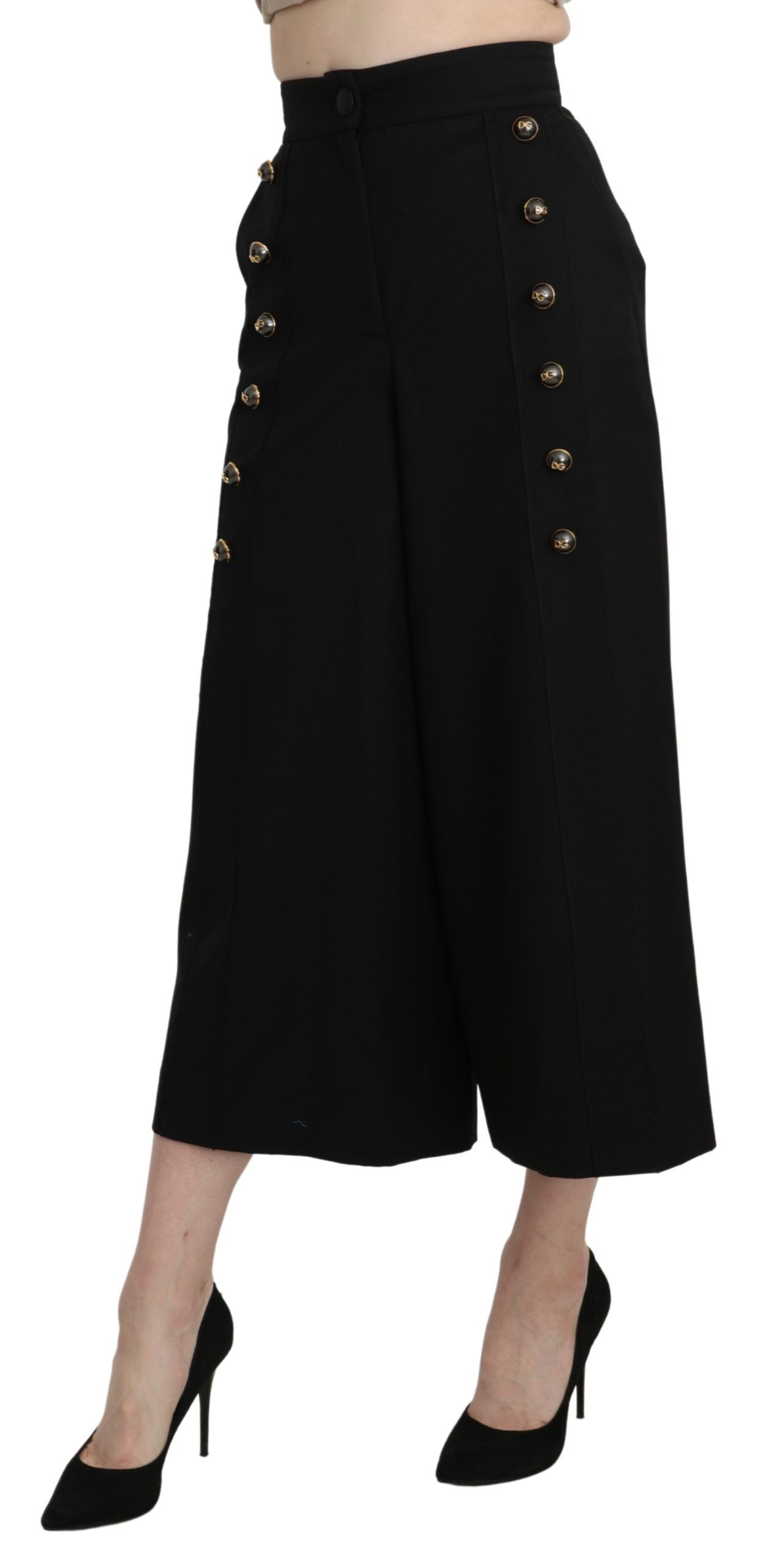Dolce & Gabbana Black Wide Wool Leg Cropped Trouser Women's Pant