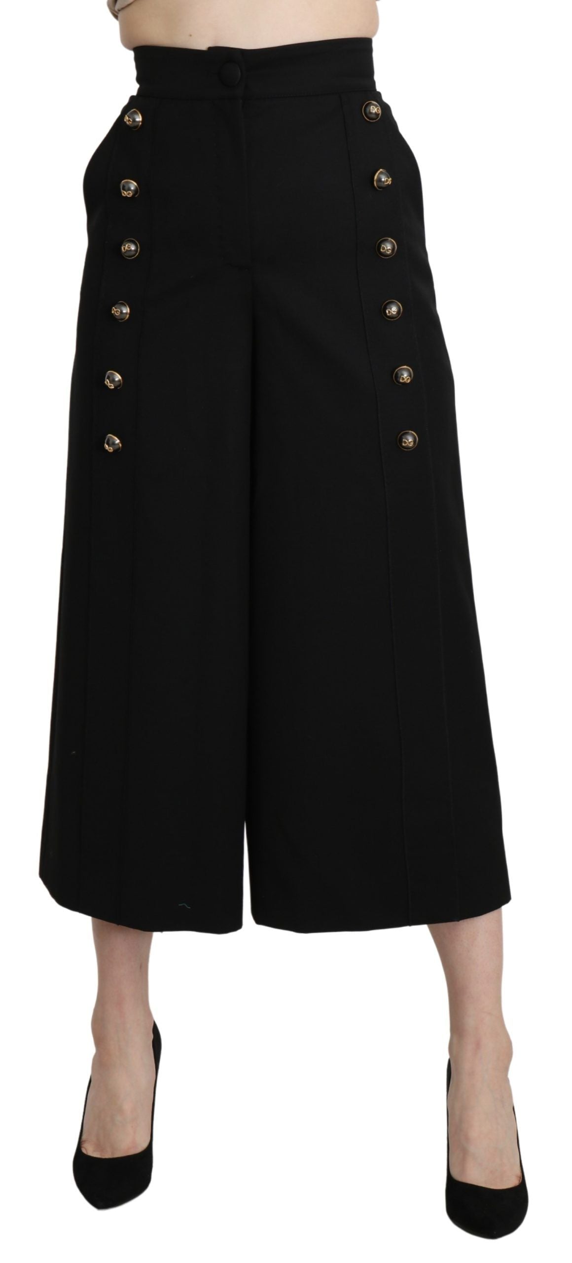 Dolce & Gabbana Black Wide Wool Leg Cropped Trouser Women's Pant