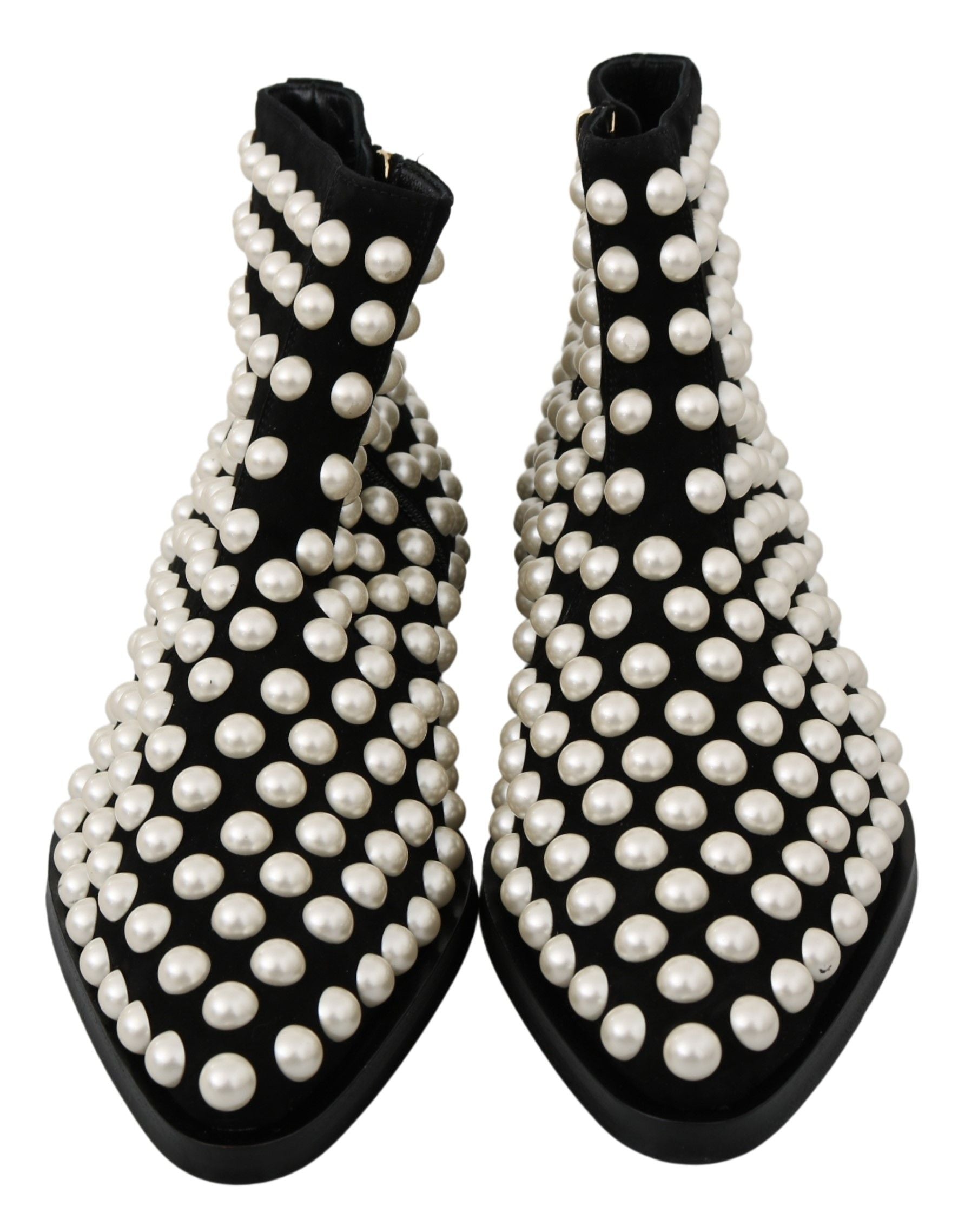 Dolce & Gabbana Black Suede Pearl Studs Boots Women's Shoes