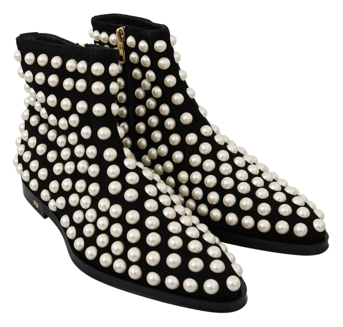 Dolce & Gabbana Black Suede Pearl Studs Boots Women's Shoes