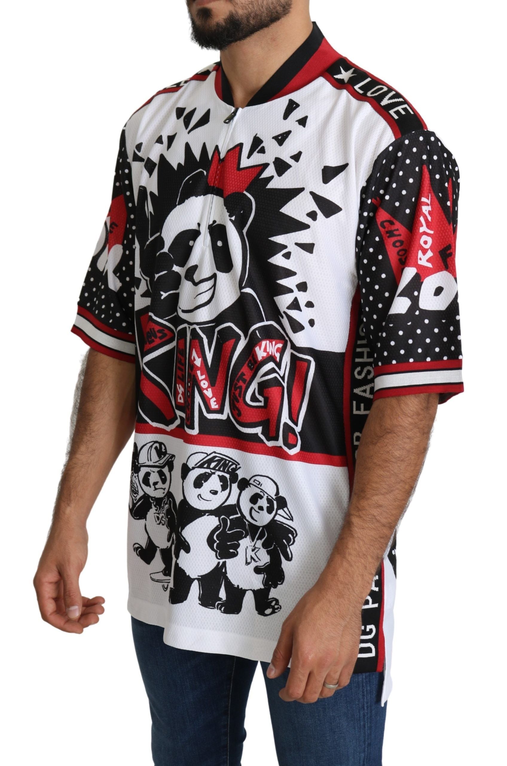 Dolce & Gabbana Chic White King Panda Print Zipper Collar Men's Tee