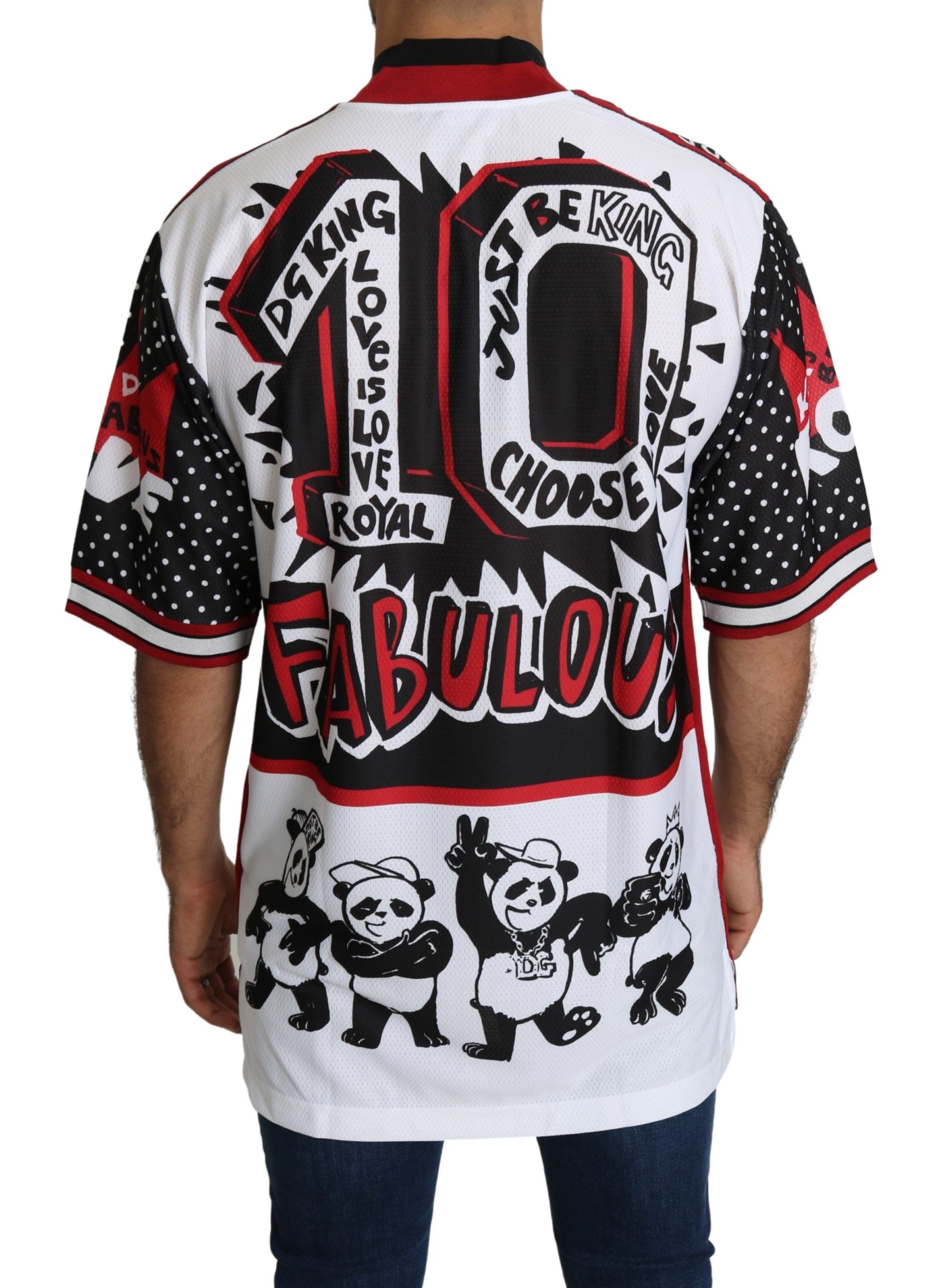 Dolce & Gabbana Chic White King Panda Print Zipper Collar Men's Tee