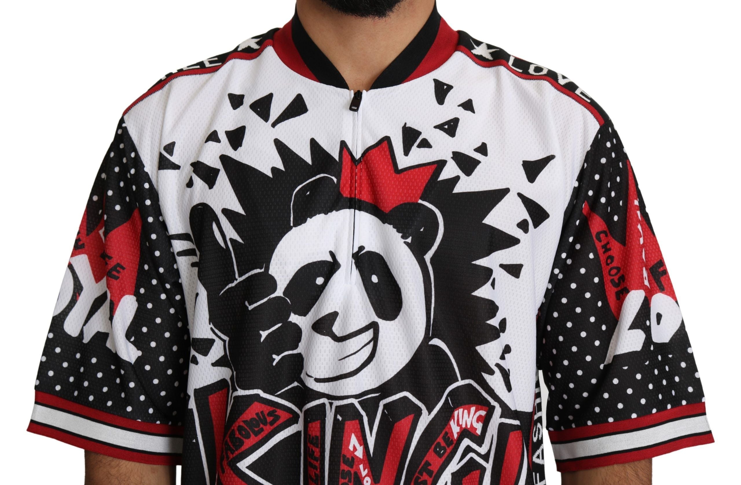 Dolce & Gabbana Chic White King Panda Print Zipper Collar Men's Tee