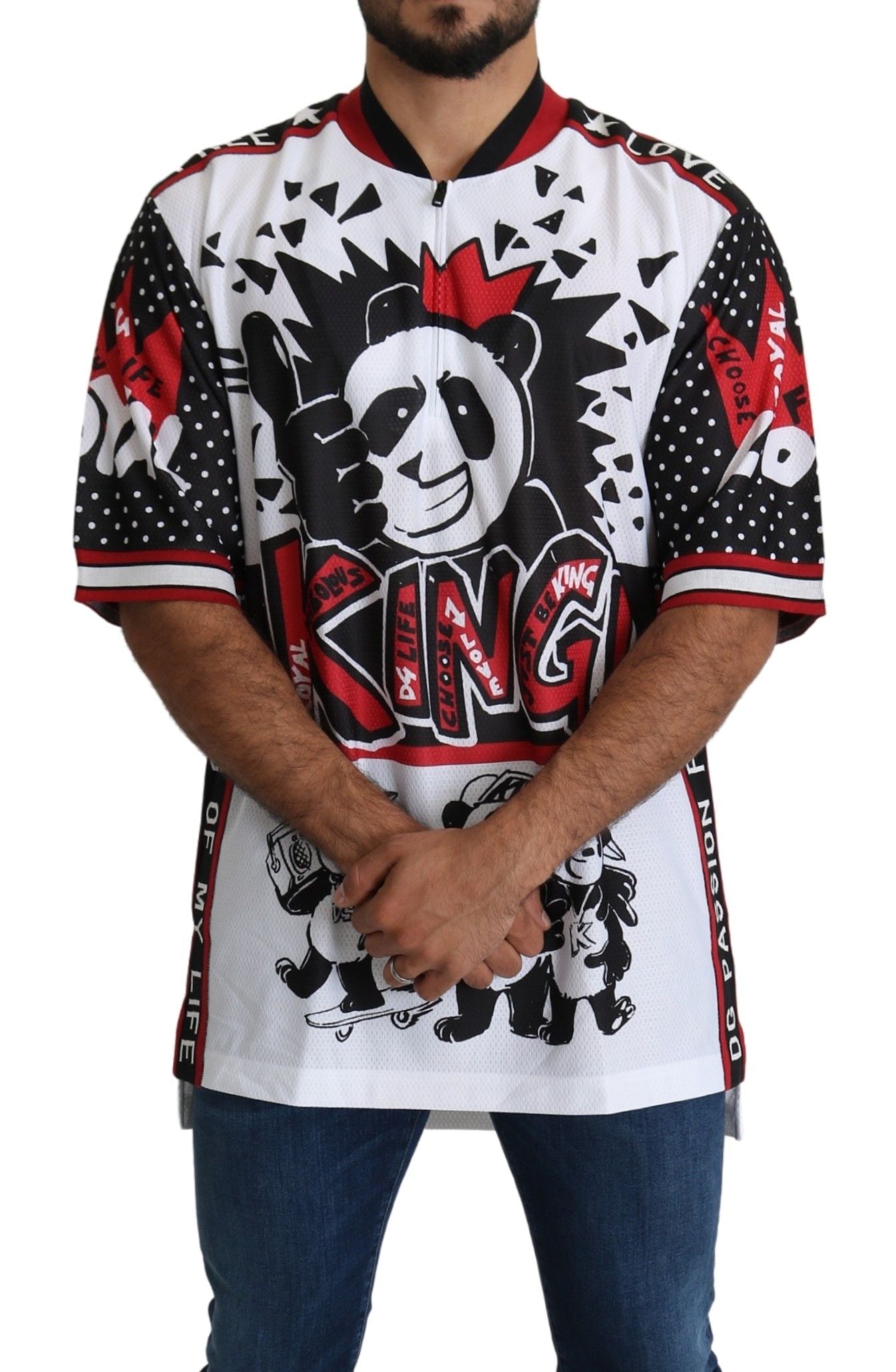 Dolce & Gabbana Chic White King Panda Print Zipper Collar Men's Tee