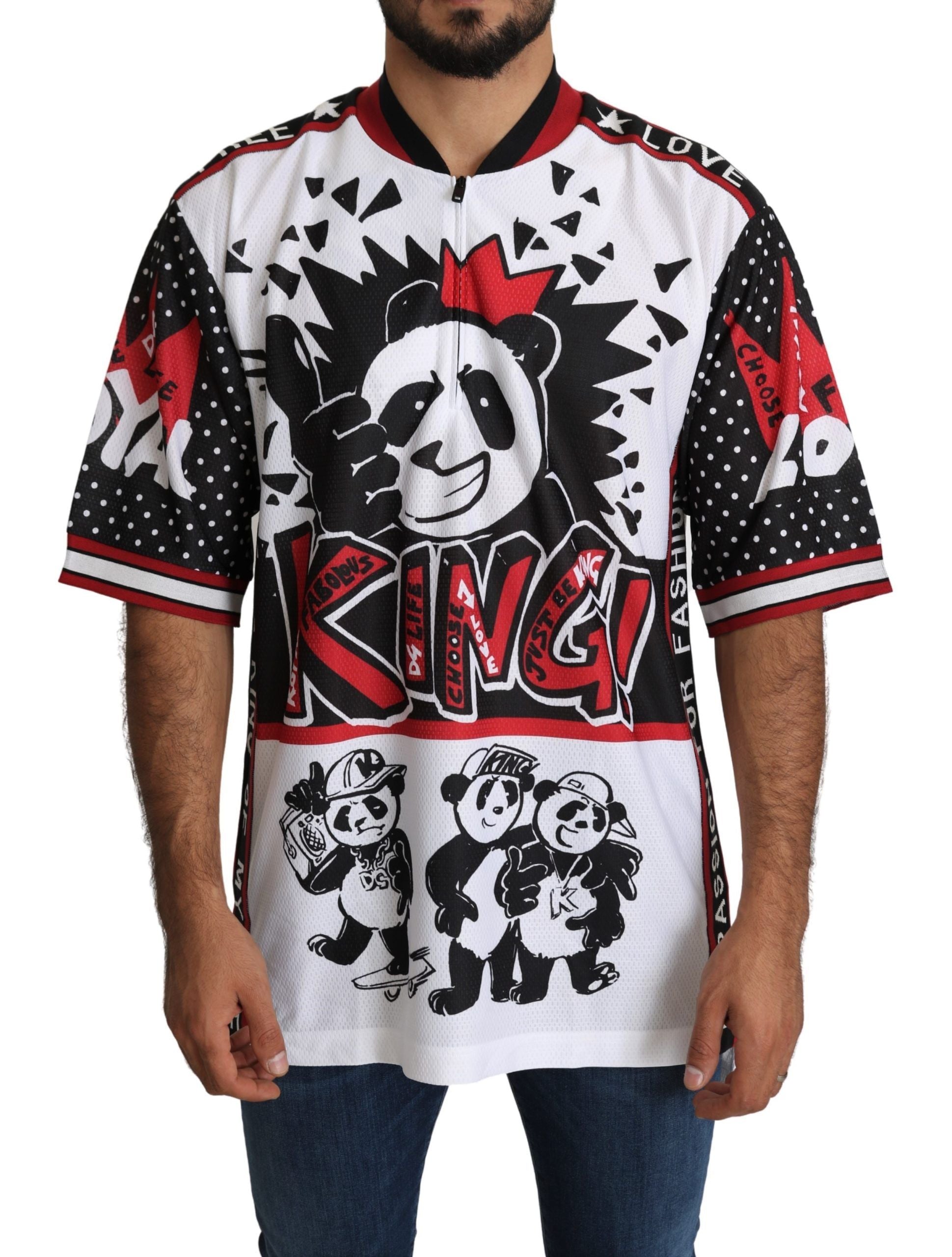 Dolce & Gabbana Chic White King Panda Print Zipper Collar Men's Tee
