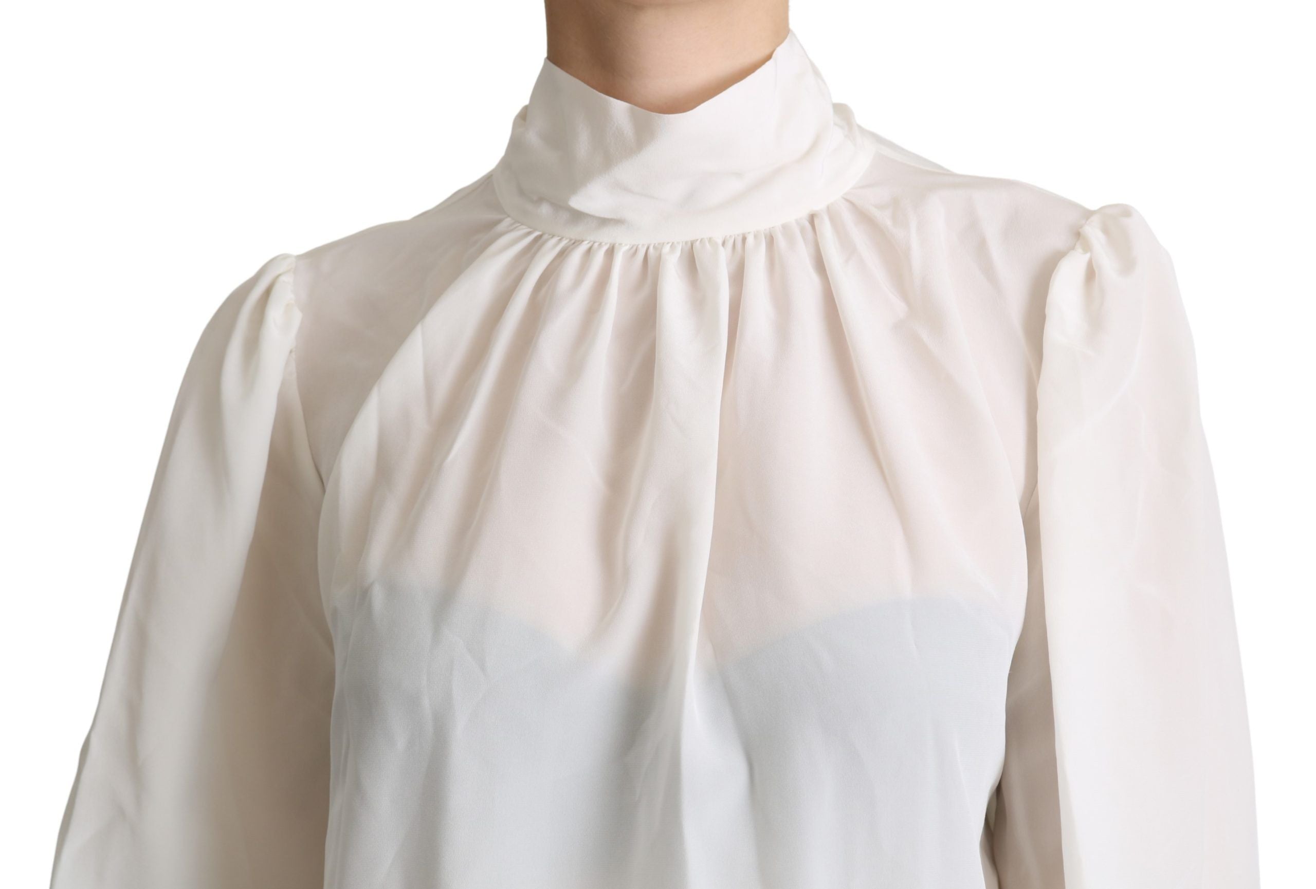 Dolce & Gabbana White Silk Pussy Bow Long Sleeved Top Women's Blouse