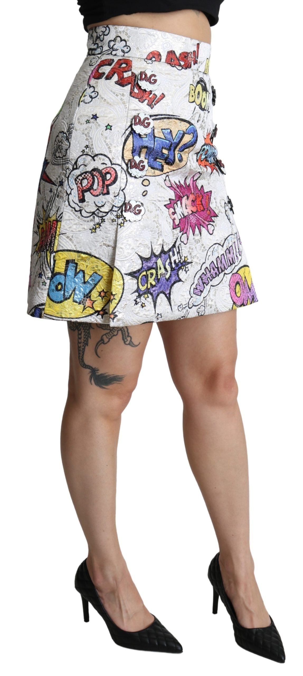 Dolce & Gabbana White Cartoon Brocade A-line High Waist Women's Skirt