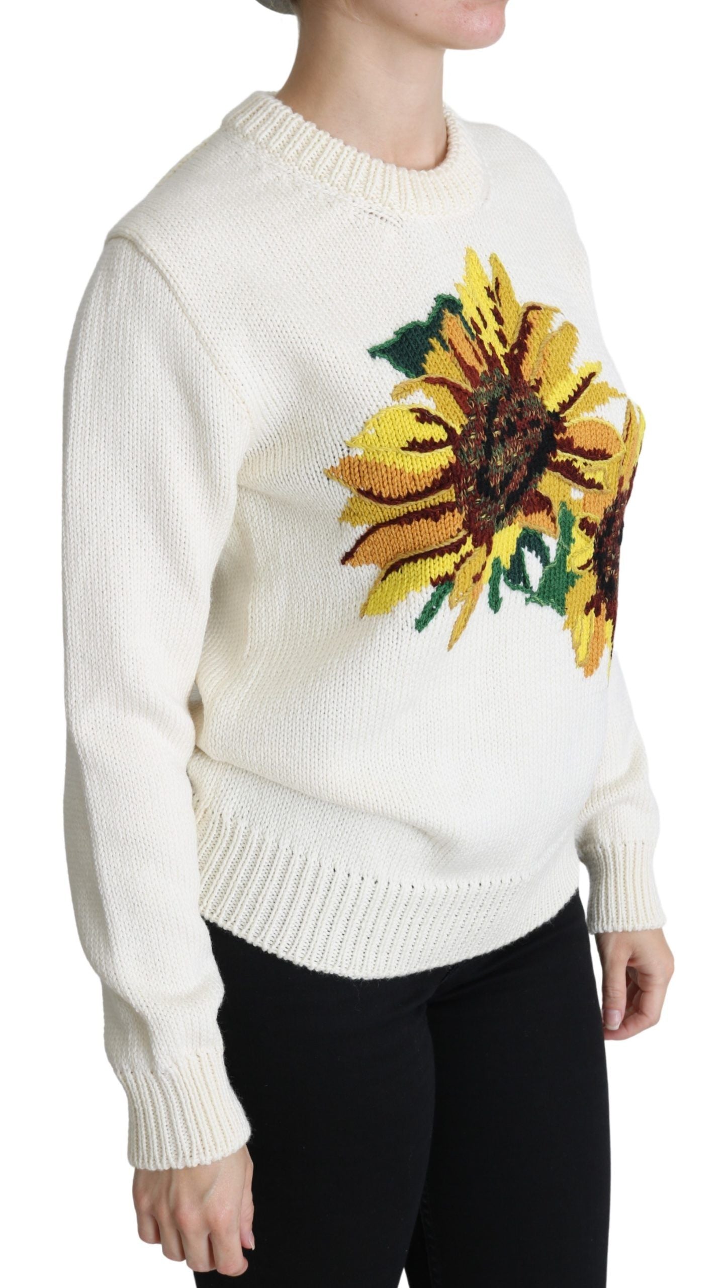 Dolce & Gabbana White Floral Wool Pullover Sunflower Women's Sweater