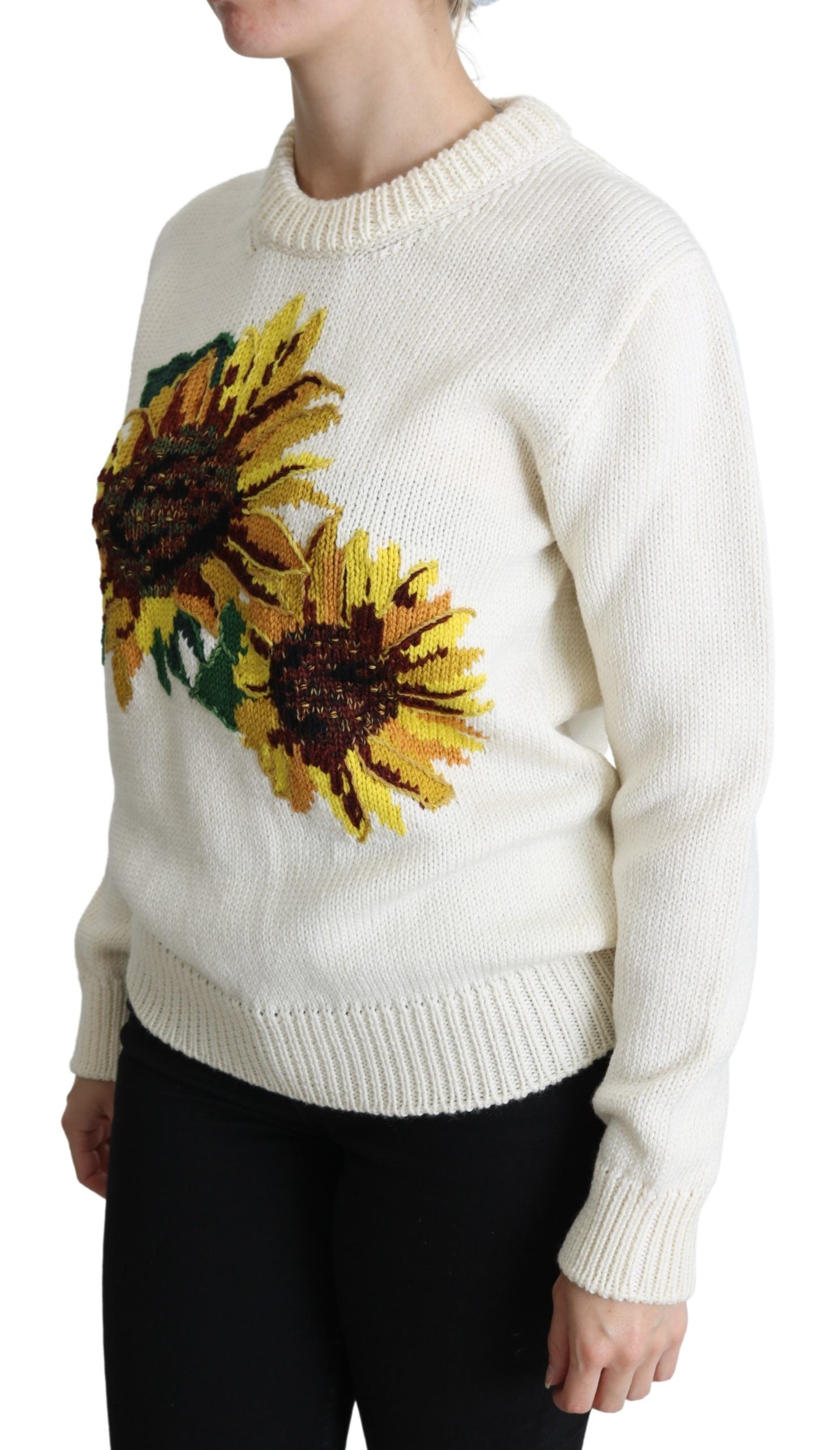 Dolce & Gabbana White Floral Wool Pullover Sunflower Women's Sweater
