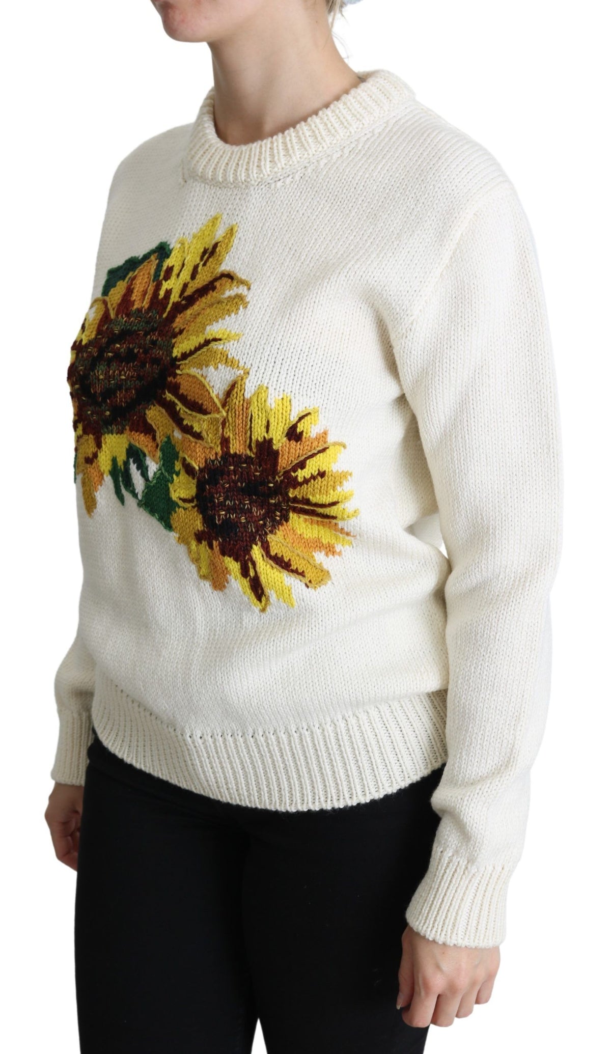 Dolce & Gabbana White Floral Wool Pullover Sunflower Women's Sweater