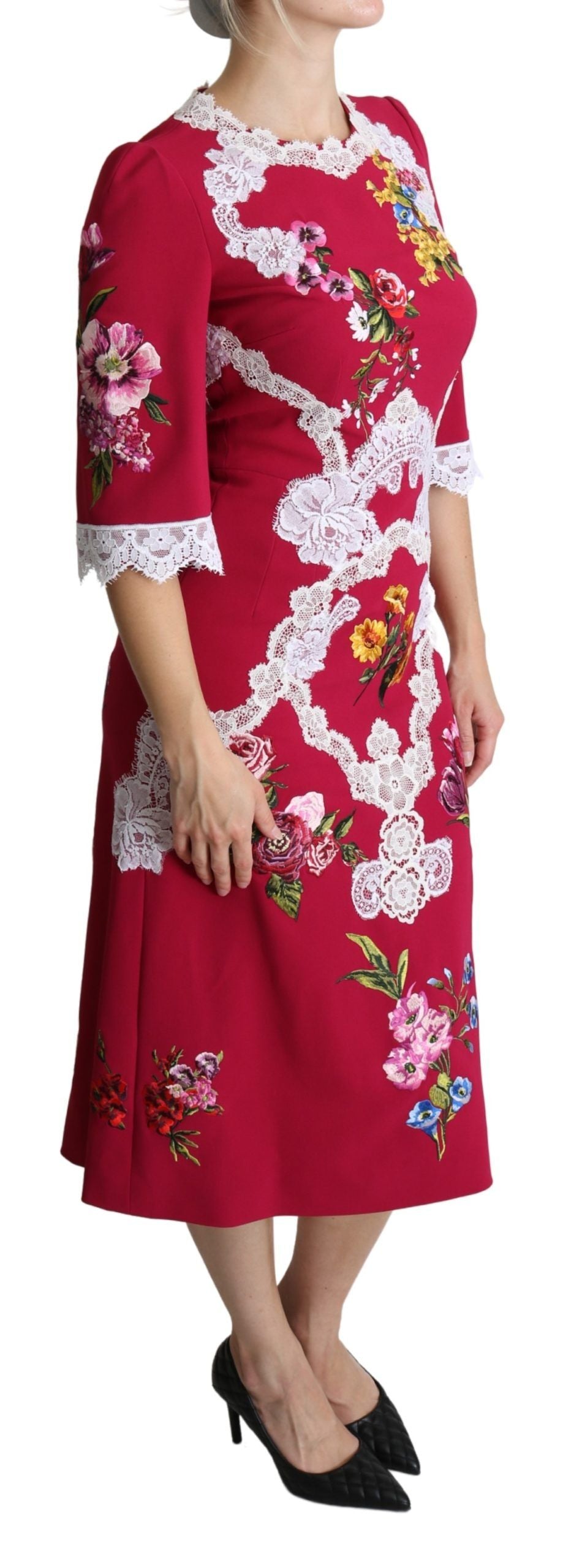 Dolce & Gabbana Red Floral Embroidered Sheath Midi Women's Dress