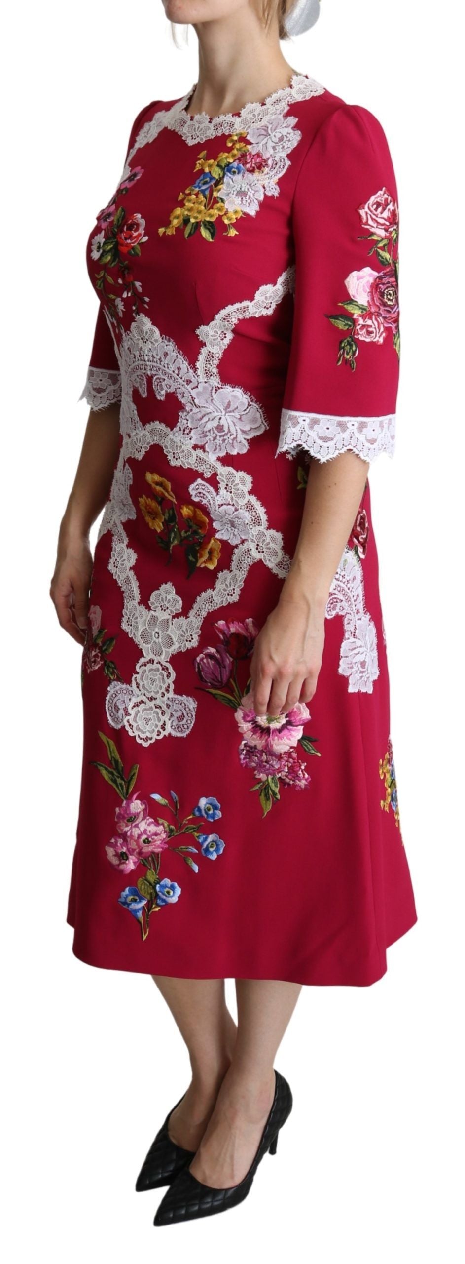 Dolce & Gabbana Red Floral Embroidered Sheath Midi Women's Dress