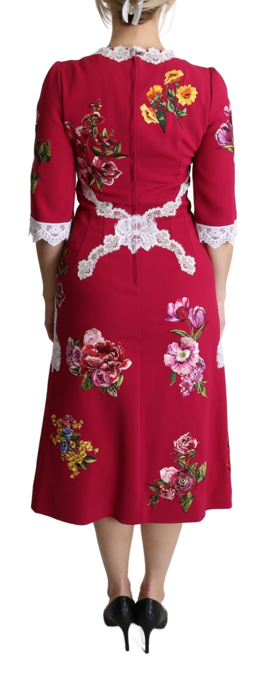 Dolce & Gabbana Red Floral Embroidered Sheath Midi Women's Dress