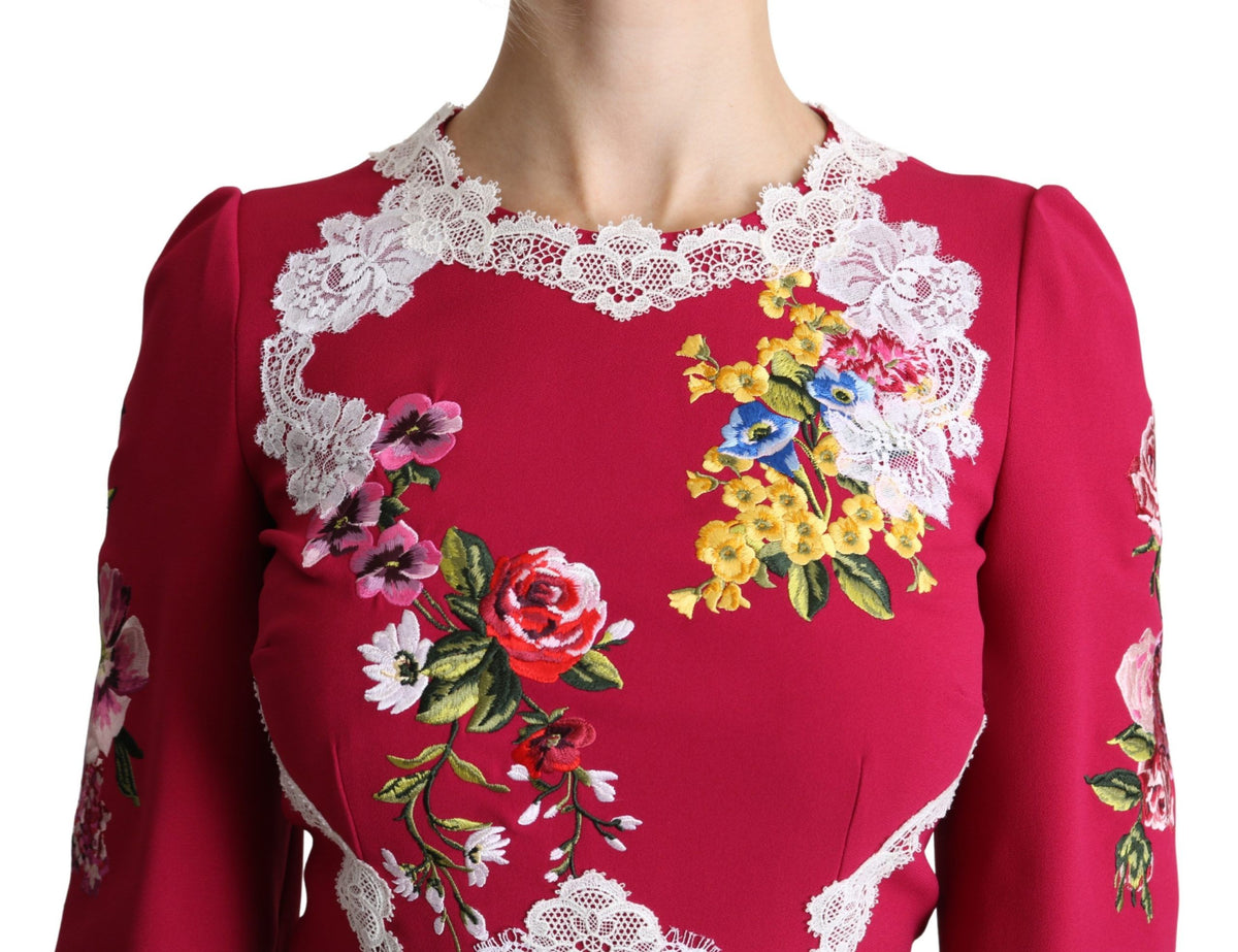 Dolce & Gabbana Red Floral Embroidered Sheath Midi Women's Dress