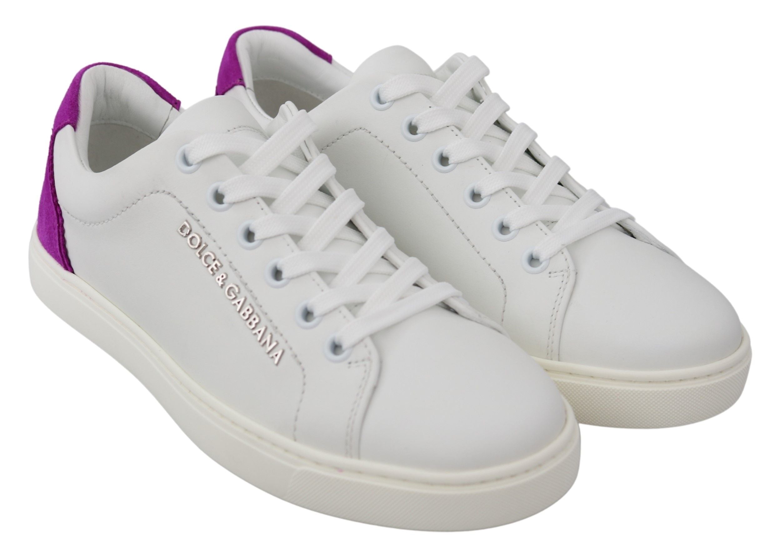 Dolce & Gabbana Chic White Leather Sneakers with Purple Women's Accents