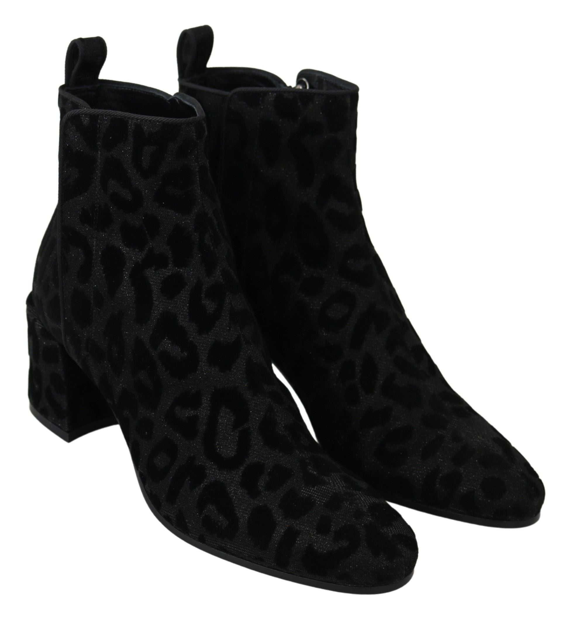 Dolce & Gabbana Black Leopard Short Boots Zipper Women's Shoes
