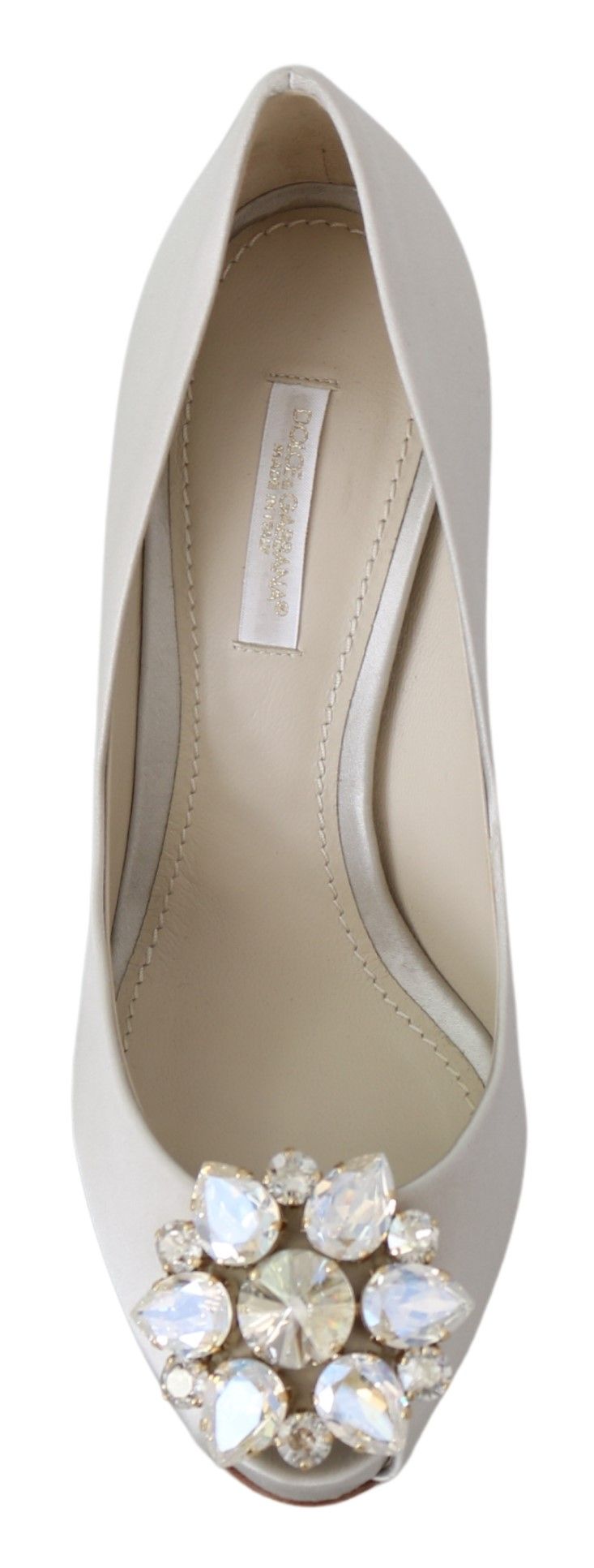 Dolce & Gabbana White Crystals Peep Toe Heels Satin Pumps Women's Shoes