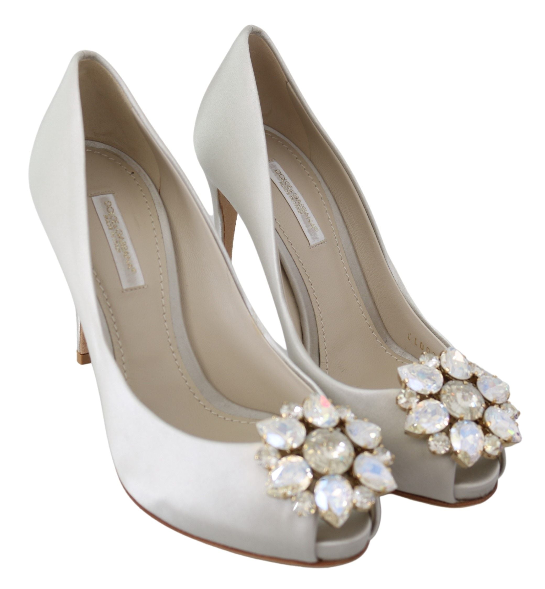 Dolce & Gabbana White Crystals Peep Toe Heels Satin Pumps Women's Shoes