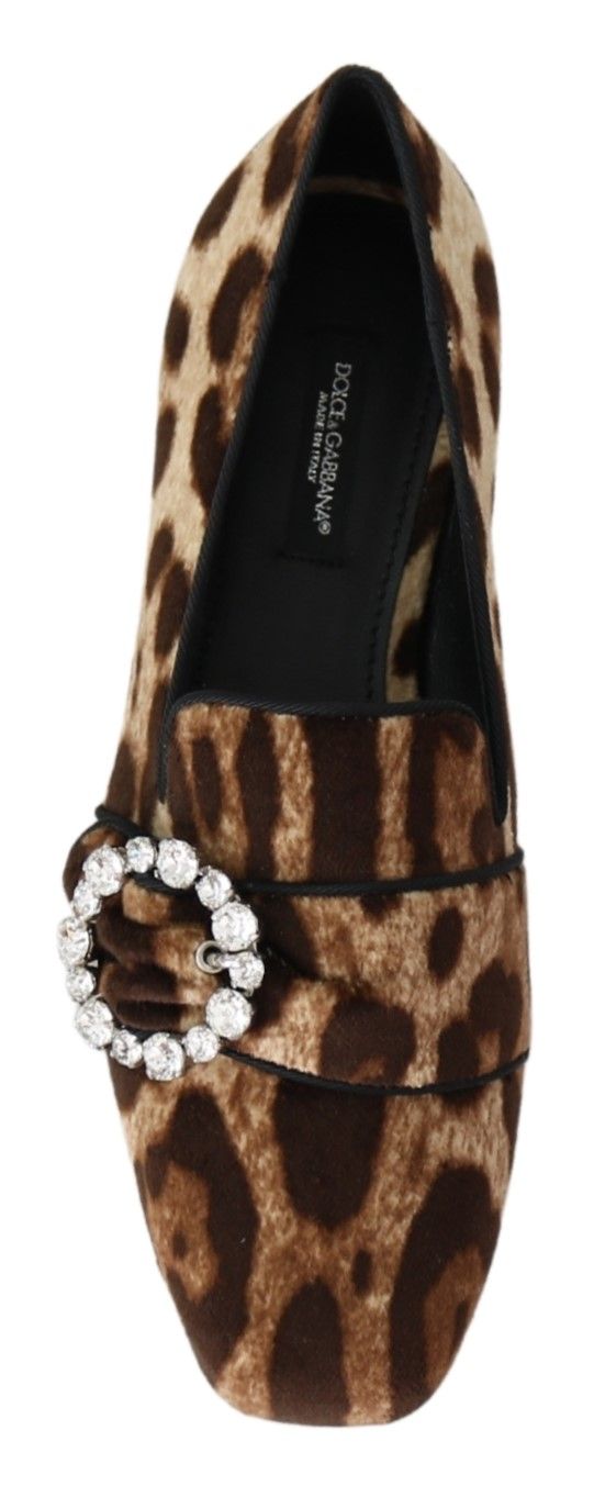 Dolce & Gabbana Brown Leopard Print Crystals Loafers Flats Women's Shoes